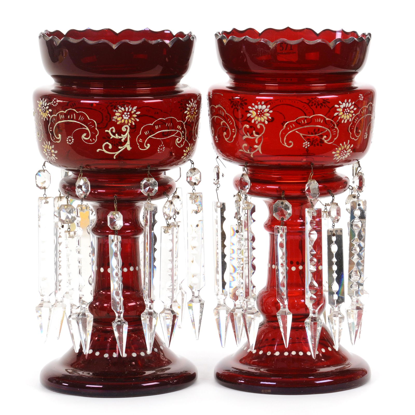 Pair Candle Lustres, Deep Ruby, Enamel Floral Decor (1 of 3)