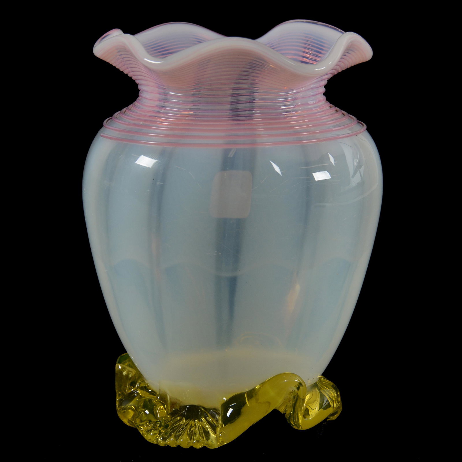 Vase, White Opalescent Art Glass: Vase, White Opalescent Art Glass, 5.25" X 3.75", Pink Applied Threading, Vaseline Glass Applied Foot, Hard Pontil Break Is Not Polished, Private Collection, IL.