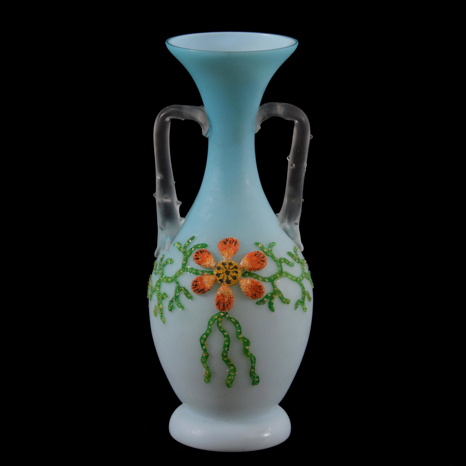 Vase, Webb Blue Satin With Heavy Coralene Overlay: Vase, Webb Blue Satin With Heavy Coralene Overlay, 10.75" X 4.25", Coralene Blossom Overlay, Frosted Thorn Handles, Signed Webb, Unable To Verify Signature, Private Collection, IL.