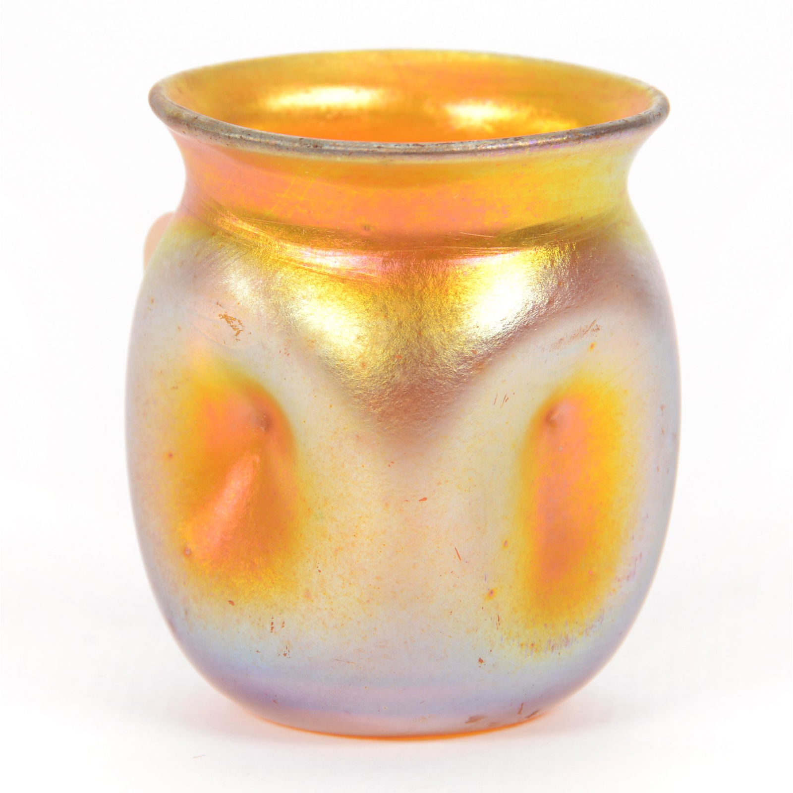 Toothpick Holder Signed LCT Art Glass: Toothpick Holder Signed LCT Art Glass, 1.75" X 1.5", Gold Iridescent, Dimpled Sides, Private Collection, IL.