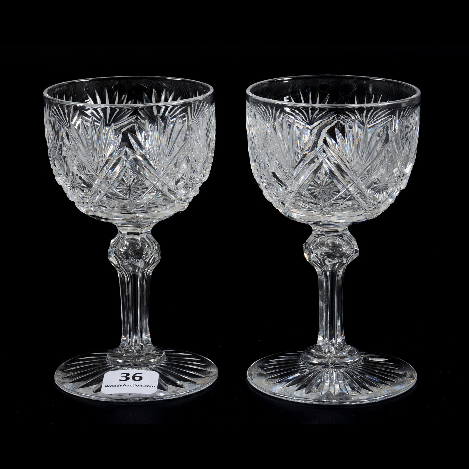 (2) Wine Stems, American Brilliant Cut Glass: (2) Wine Stems, ABCG, 4.75" X 2.75", Variation Of Parisian Pattern, Ray Cut Foot, The Glenda Klein Collection