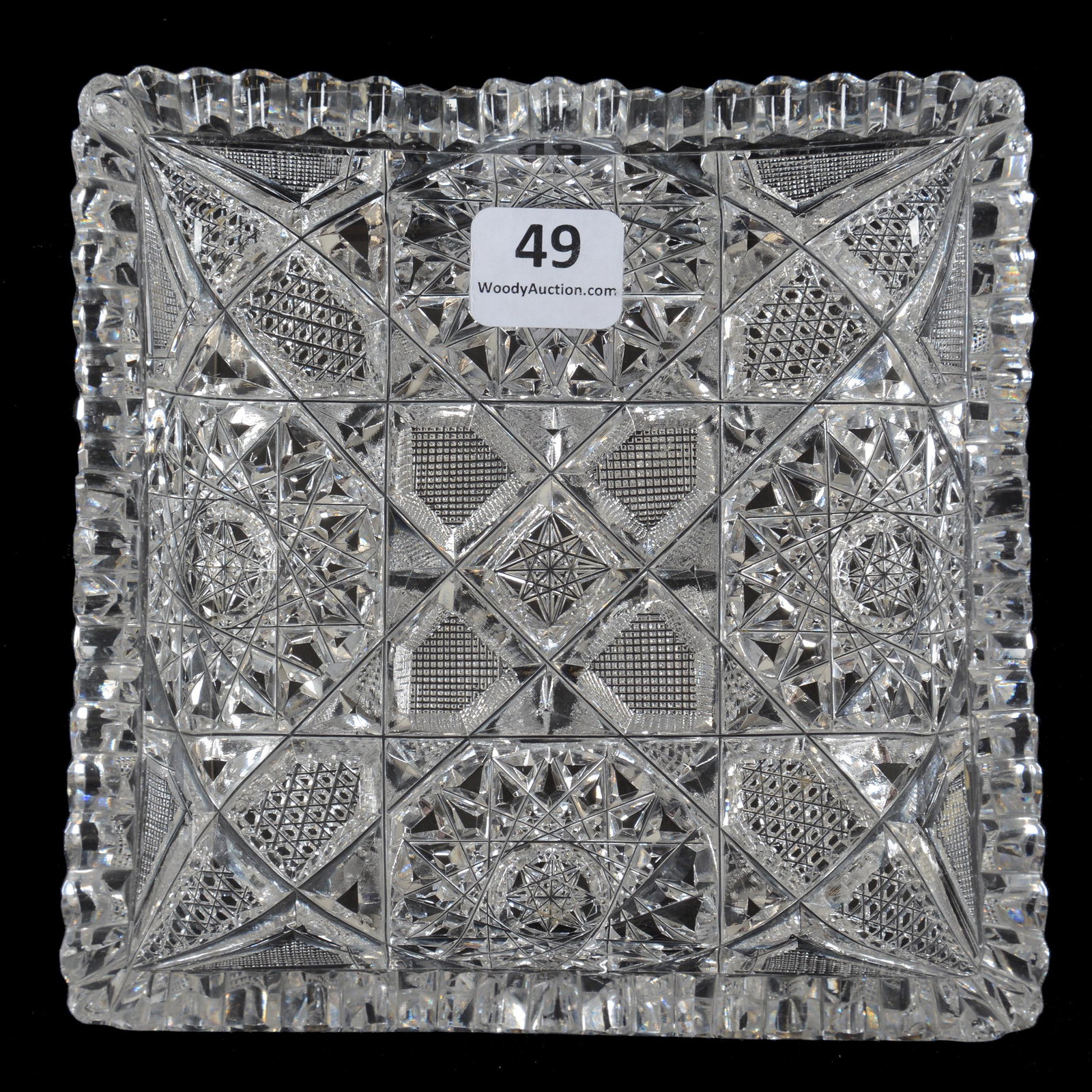 Square Nappy, American Brilliant Cut Glass: Square Nappy, ABCG, 5.25", Hobstar, Nailhead Diamond And Strawberry Diamond Motif, Two Tooth Chips, Judy and the Late Nathan Konecky