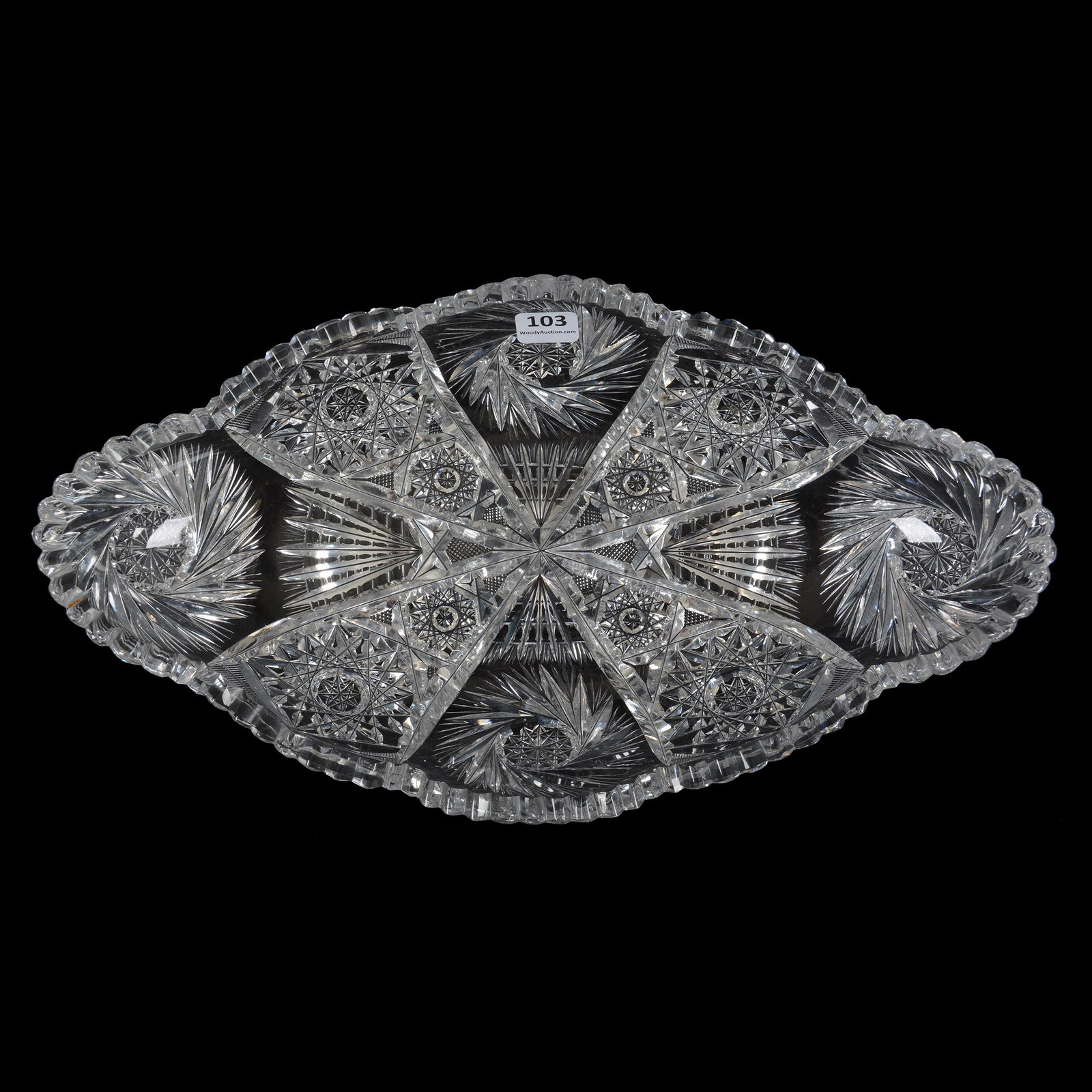 Ice Cream Tray, American Brilliant Cut Glass: Ice Cream Tray, ABCG, 13.75" X 7.5", Hobstar, Pinwheel, Strawberry Diamond And Notched Fan Motif, Judy and the Late Nathan Konecky