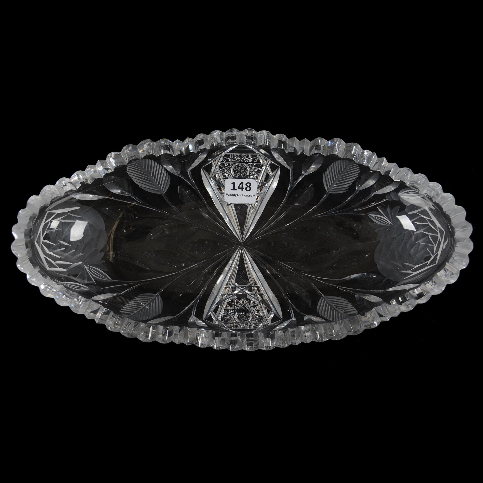 Celery Tray, American Brilliant Cut Glass: Celery Tray, ABCG, 11.75" X 5.75", Hobstar And Engraved White Rose Design, Two Chipped Teeth, Judy and the Late Nathan Konecky