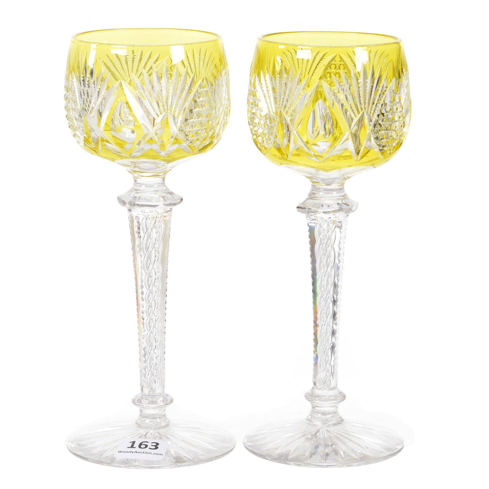 Pair Wine Stems, BPCG, Yellow Cut To Clear: Pair Wine Stems, BPCG, Yellow Cut To Clear, 7.25" X 3", Nailhead Diamond, Split Vesica And Fan Motif, Notched Air Twist Stem, Ray Cut Foot, Attributed To Val St. Lambert, Judy and the Late Nathan Kone