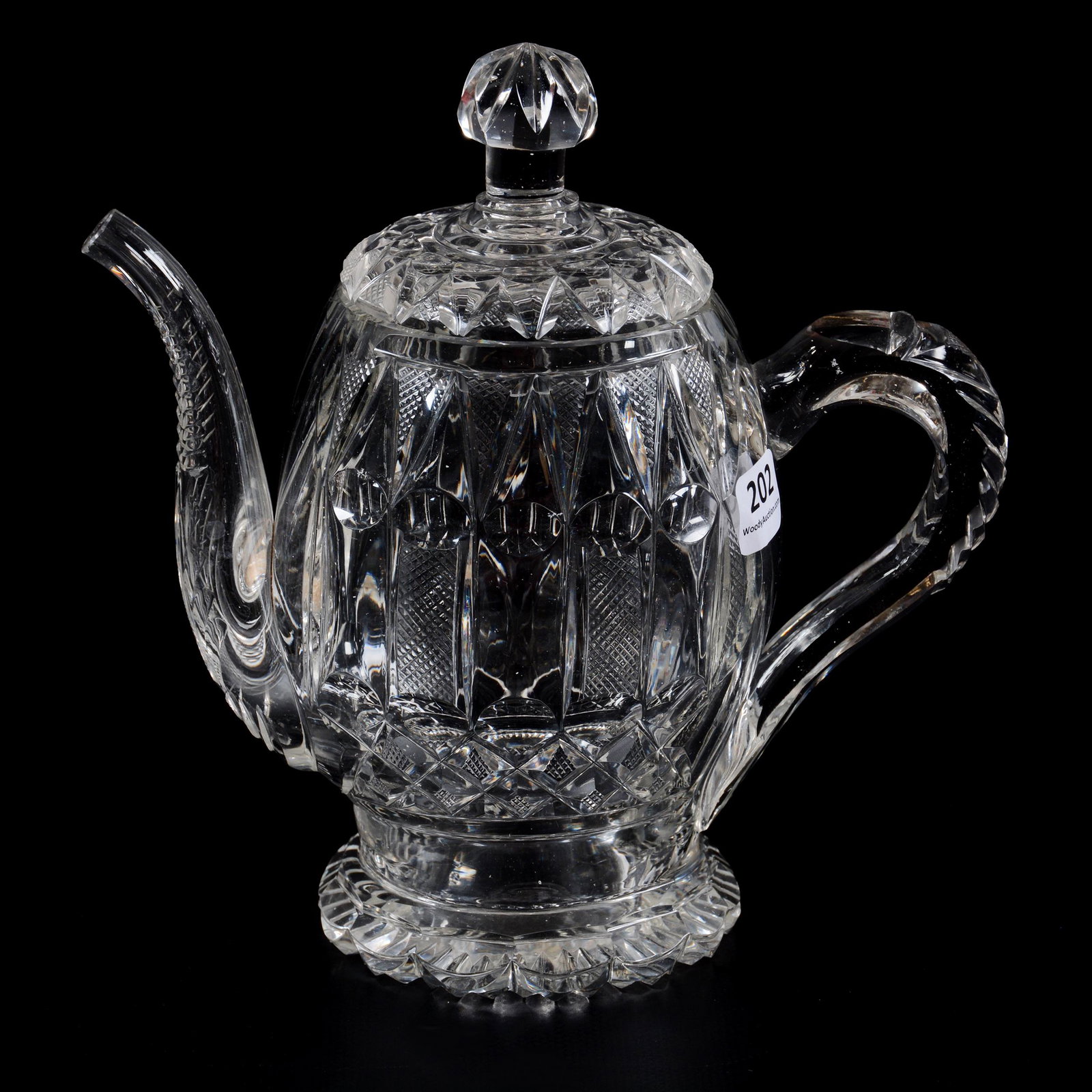 Tea Pot, Brilliant Period Cut Glass: Tea Pot, BPCG, 7.5" X 7.5", Geometric Design With Strawberry Diamond Highlights, Glass Is Highly Reactive Under Blacklight, Pattern Cut Lid, Unknown Cutter, Judy and the Late Nathan Konecky