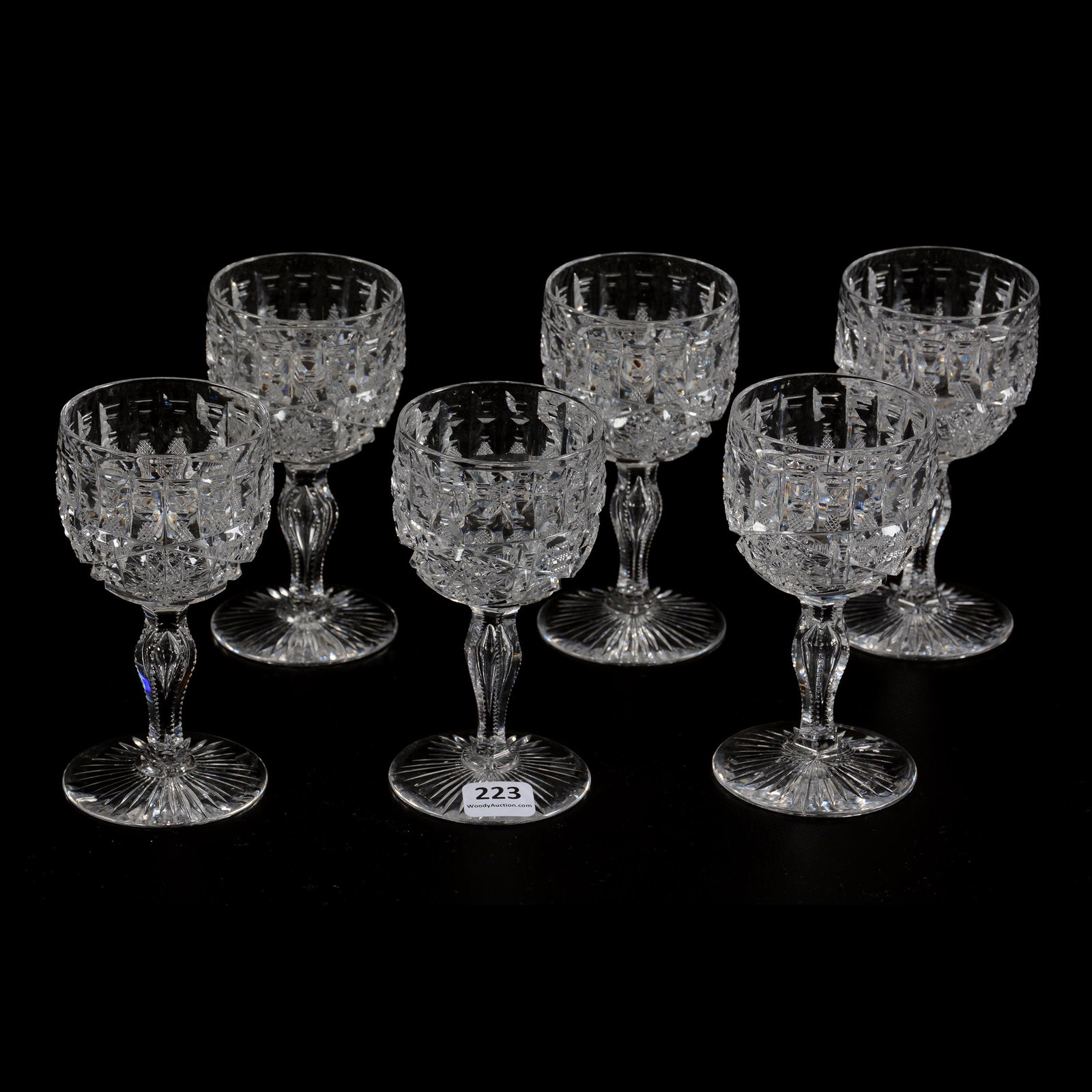 (6) Wine Stems, ABCG, Signed Libbey Ellsmere Pattern: (6) Wine Stems, ABCG, Signed Libbey Ellsmere Pattern, 5" X 3.75", Notched Teardrop Stem, Ray Cut Foot, All Have Original Rims, There Are Slight Height Variations, Judy and the Late Nathan Konecky