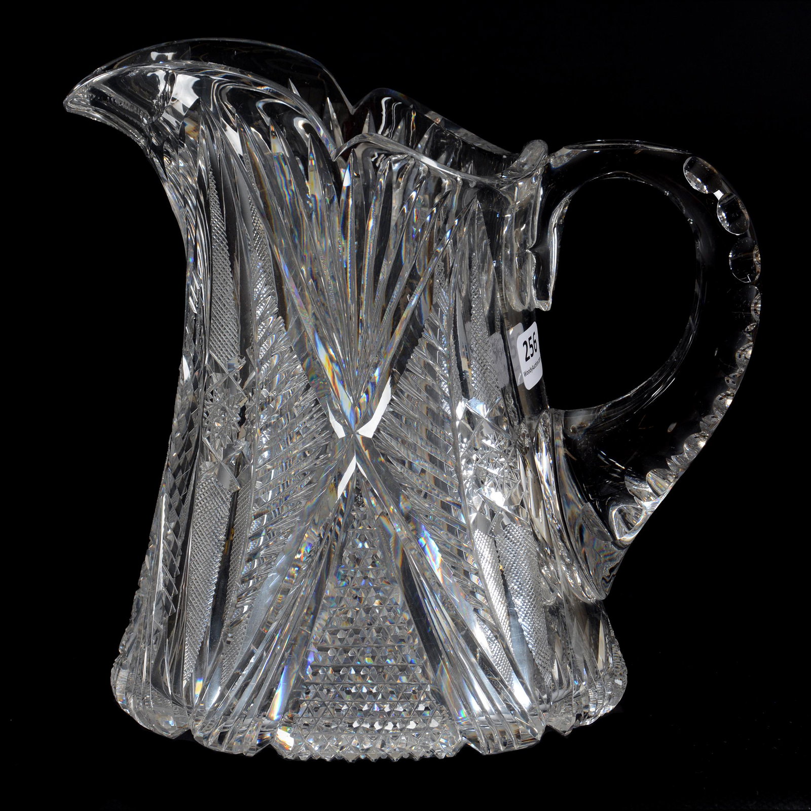 Pitcher, American Brilliant Cut Glass: Pitcher, ABCG, 8.25" X 8.5", Well Cut Vesica, Feather, Nailhead Diamond, Fan And Hobstar With Fully Pattern Cut Base With Hobstar Center, Double Notched Handle, Clear Blank, Judy and the Late Nathan K
