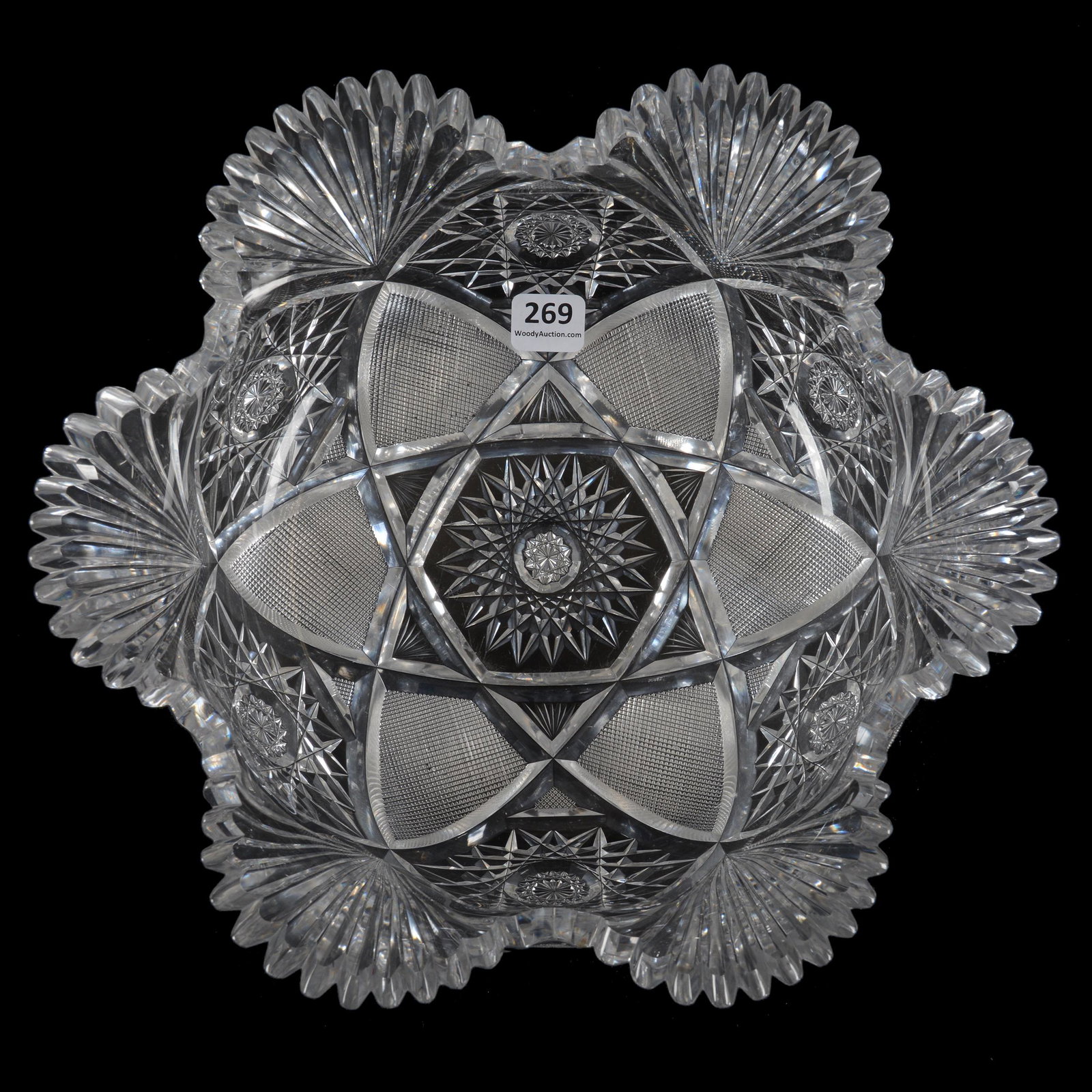 Bowl, American Brilliant Cut Glass: Bowl, ABCG, 3.5" X 10.75", Hobstar, Strawberry Diamond And Fan Motif, Six Flared Scallops, Possibly Straus, The Glenda Klein Collection