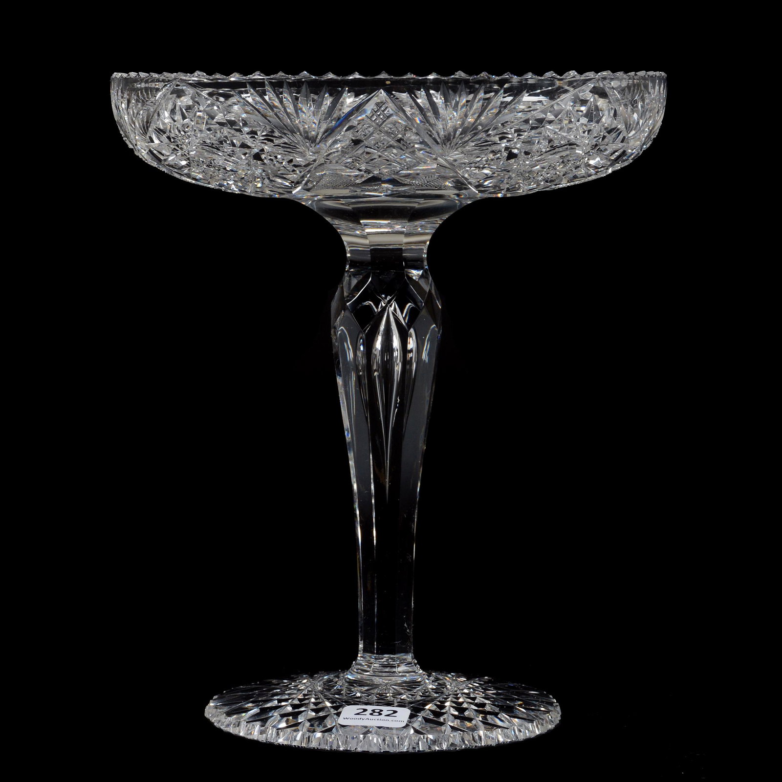 Compote, American Brilliant Cut Glass: Compote, ABCG, 8.5" X 7.25", Hobstar, Strawberry Diamond, Crosscut Diamond, Star And Fan Motif, Hobstar Foot With Professionally Modified Notched Rim, Teardrop Stem, Judy and the Late Nathan Konecky
