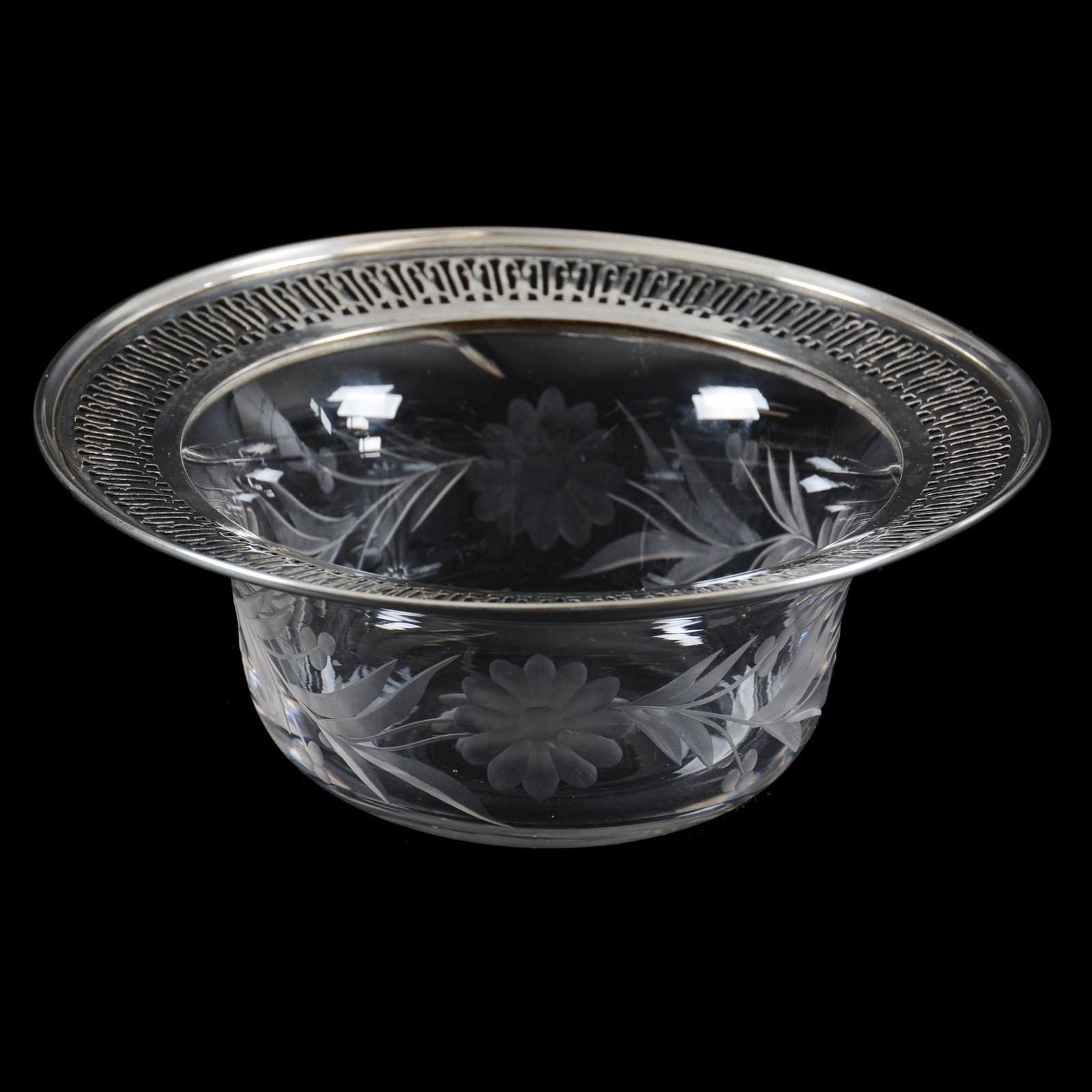 Bowl, ABCG, Sterling Border: Bowl, ABCG, Sterling Border, 2.25" X 5.75", Bowl Has Engraved Floral Motif, Reticulated Sterling Border Marked Frank Whiting Co., Judy and the Late Nathan Konecky