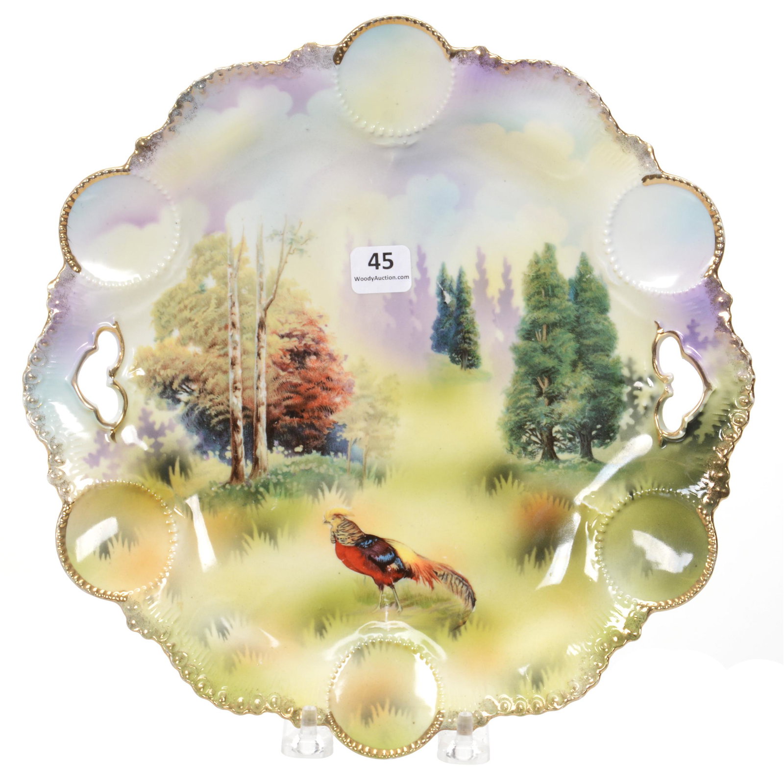 Cake Plate Marked RS Prussia, Pheasant Scenic Decor: Cake Plate Marked RS Prussia, Pheasant Scenic Decor, 10.5", Beautiful Colors, Medallion Mold #14, The Walt Holz Estate.