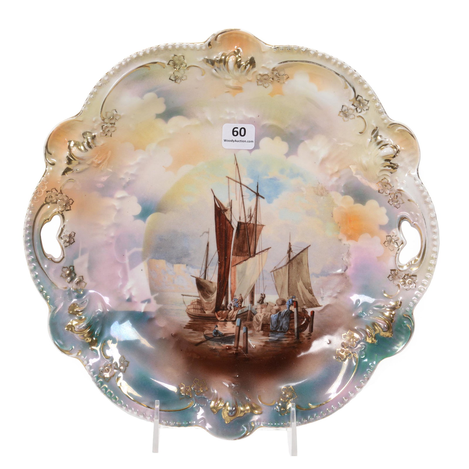 Cake Plate Marked RS Prussia, Masted Schooner Decor: Cake Plate Marked RS Prussia, Masted Schooner Decor, 11", Lustre Finish Background with Green, Orange, Lavender and White Tones, Mold #207, Rood Collection, NY.