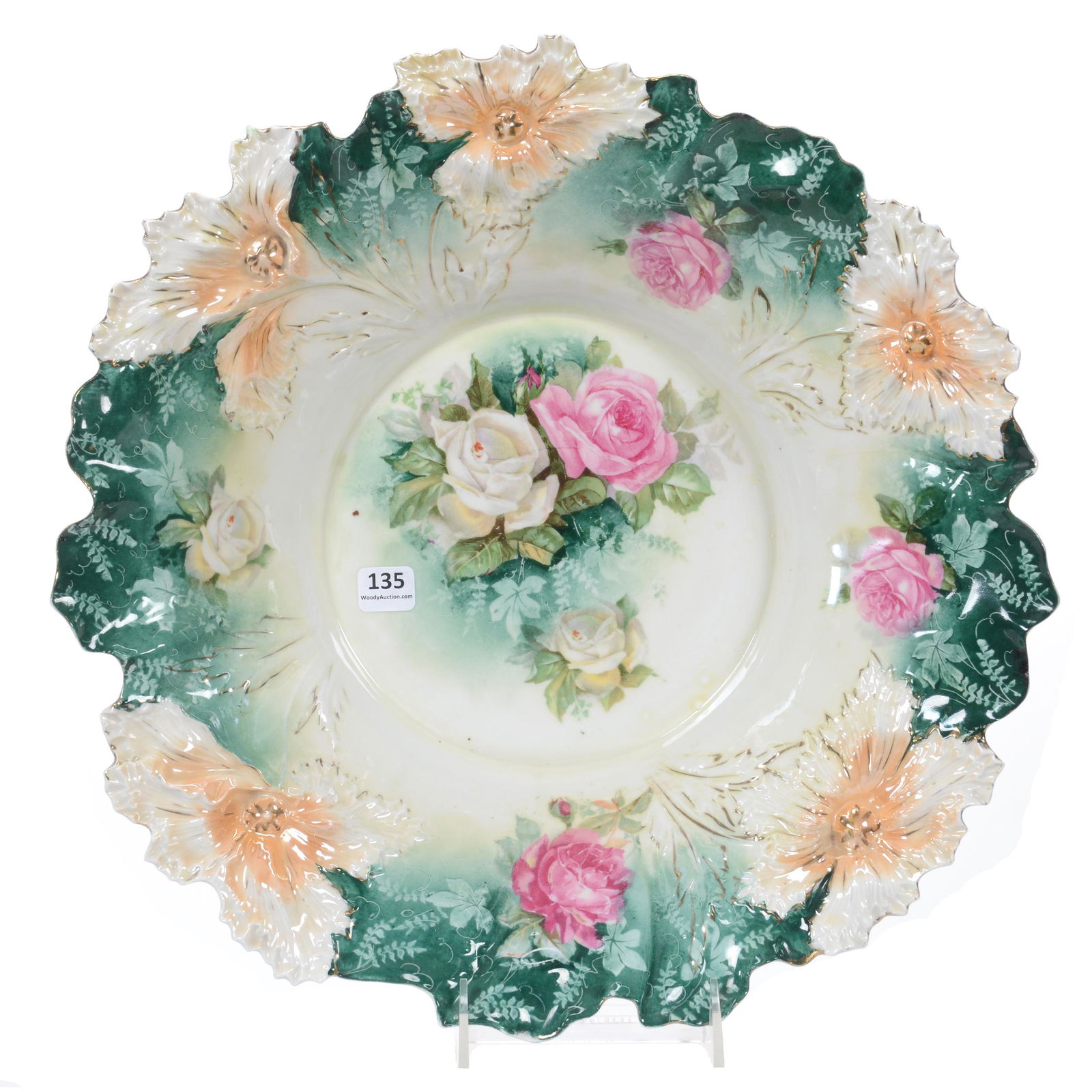 Bowl Marked RS Prussia, Floral Decor, Carnation Mold: Bowl Marked RS Prussia, Floral Decor, Carnation Mold, 15", White, Green, and Peach Tones with Pink and White Rose Decor, Carnation Mold #28, The Walt Holz Estate.