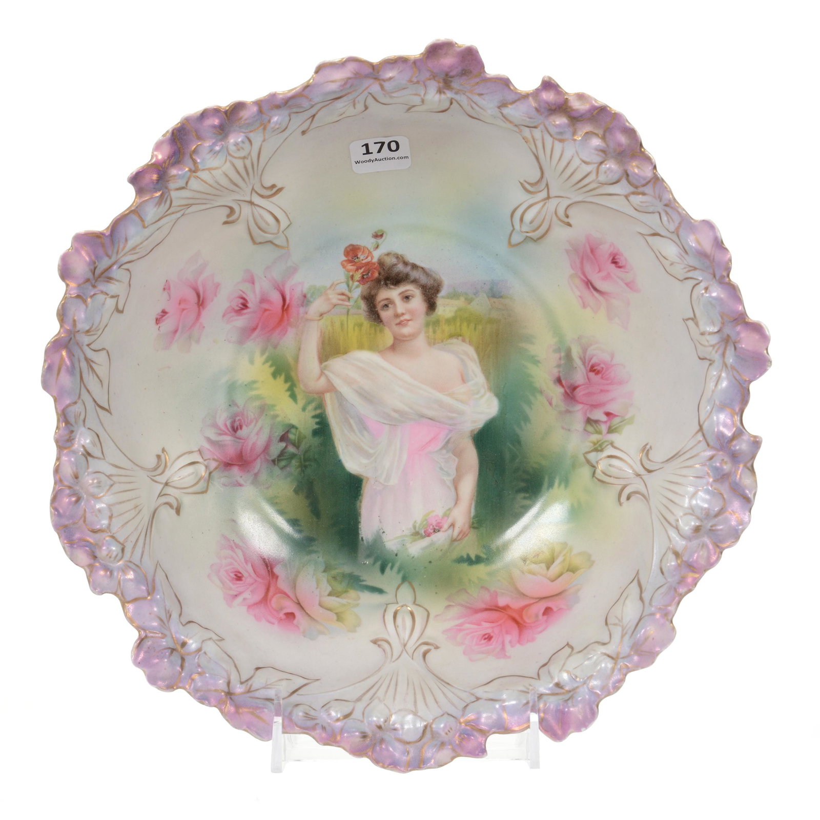Bowl Marked RS Prussia, Summer Season Portrait Decor: Bowl Marked RS Prussia, Summer Season Portrait Decor, 10.5", Lavender and White Satin Finish, Pink Rose Decor Highlights, Mold #85, Rood Collection, NY.