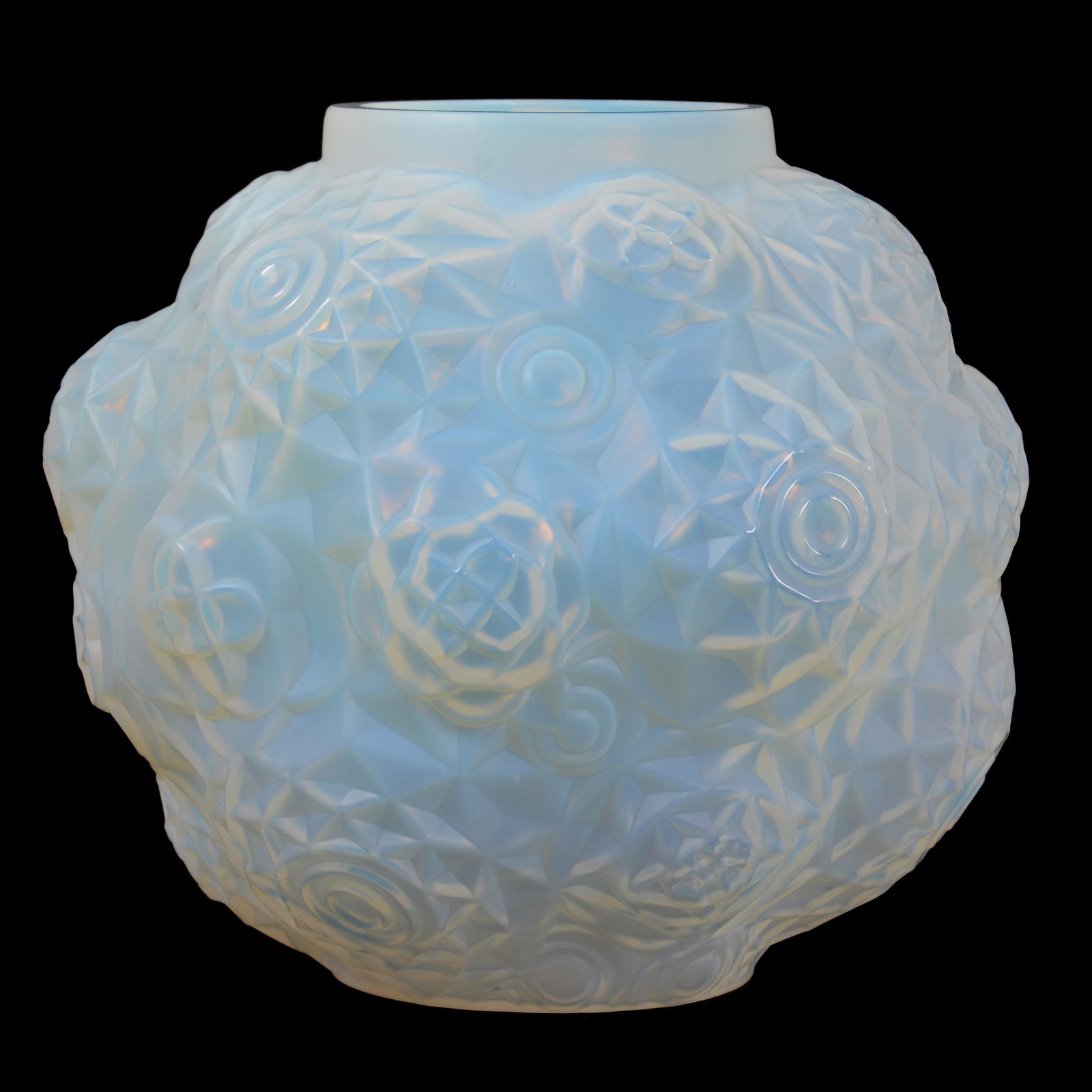 Vase Marked Hunebelle France, Dahlia Pattern: Vase Marked Hunebelle France, Dahlia Pattern, 7.75” x 8", White Opalescent Art Glass, Circa 1930, Designed By Rene Cogneville, Interior Rim Chip, John Lolley Estate. Mr. Lolley Regularly Marked Item