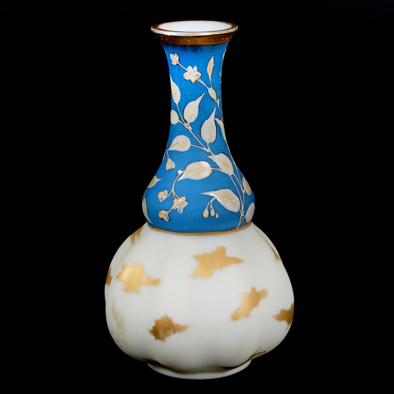 Vase, Unmarked Opaque Art Glass, Decorated: Vase, Unmarked Opaque Art Glass, Decorated, 7.75” x 4.5", Yellow And Blue Background, Enamel Leaf Decor, Gold Stencil Highlights, John Lolley Estate. Mr. Lolley Regularly Marked Items In His Collect