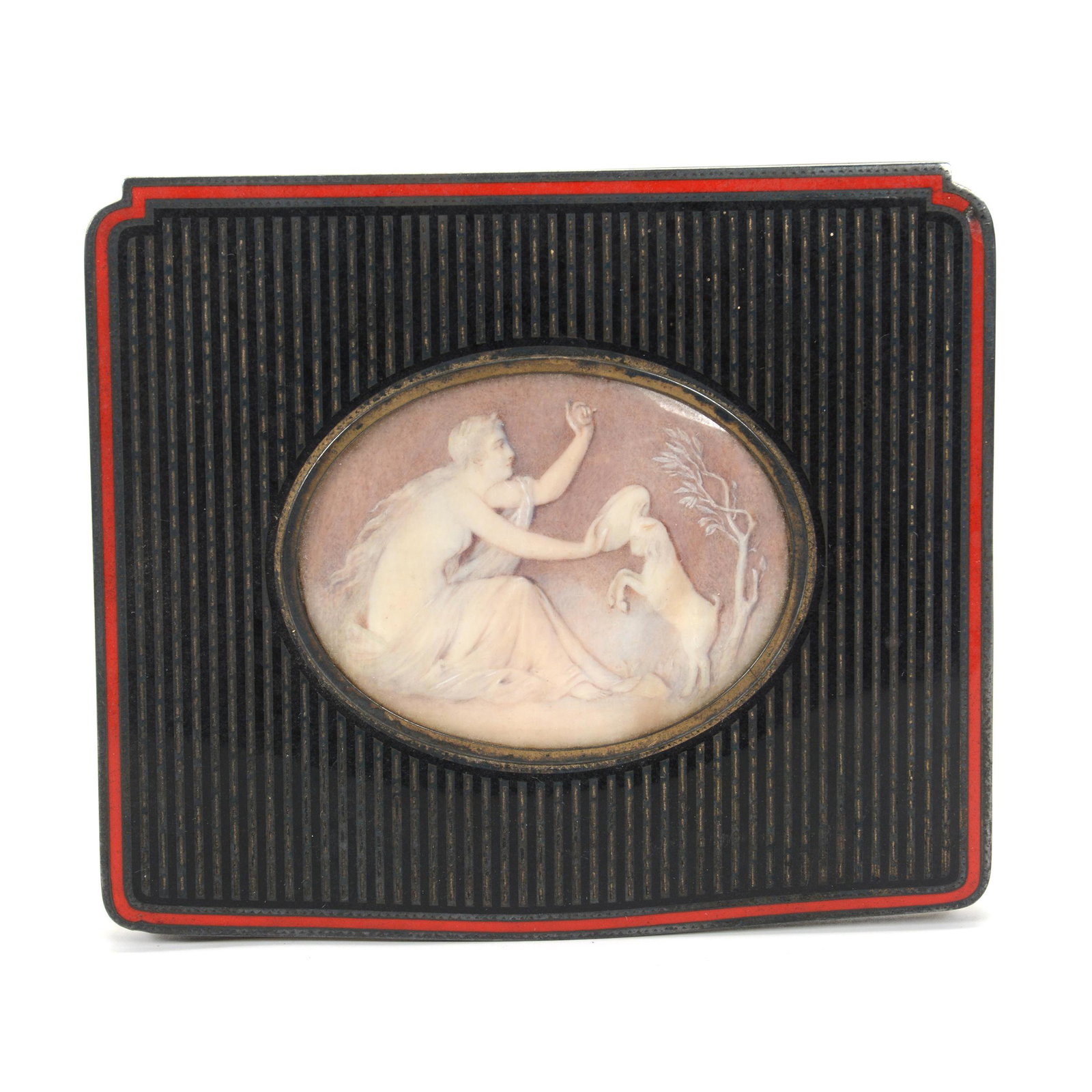 Hinged Box, Clear Glass With Engraved Floral Garland: Hinged Box, Clear Glass With Engraved Floral Garland, 2” x 5.25", Ray Cut Base, Probably French, Minerva Stamp Appears To Be .950 Silver Mark, Cameo Relief Medallion Inset In Lid With Glass Over Med