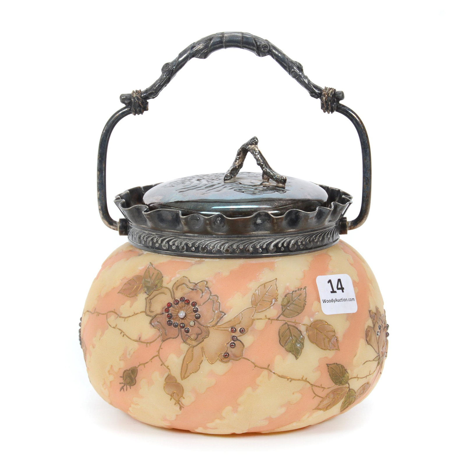 Sweetmeat Marked Crown Milano Art Glass: Sweetmeat Marked Crown Milano Art Glass, 5” x 5.5", Cream And Orange Zipper Background, Gold Floral Decor With Beaded Highlights, Silverplate Lid And Bail, Lid Is Not Correct, Lid is for a Sugar bow