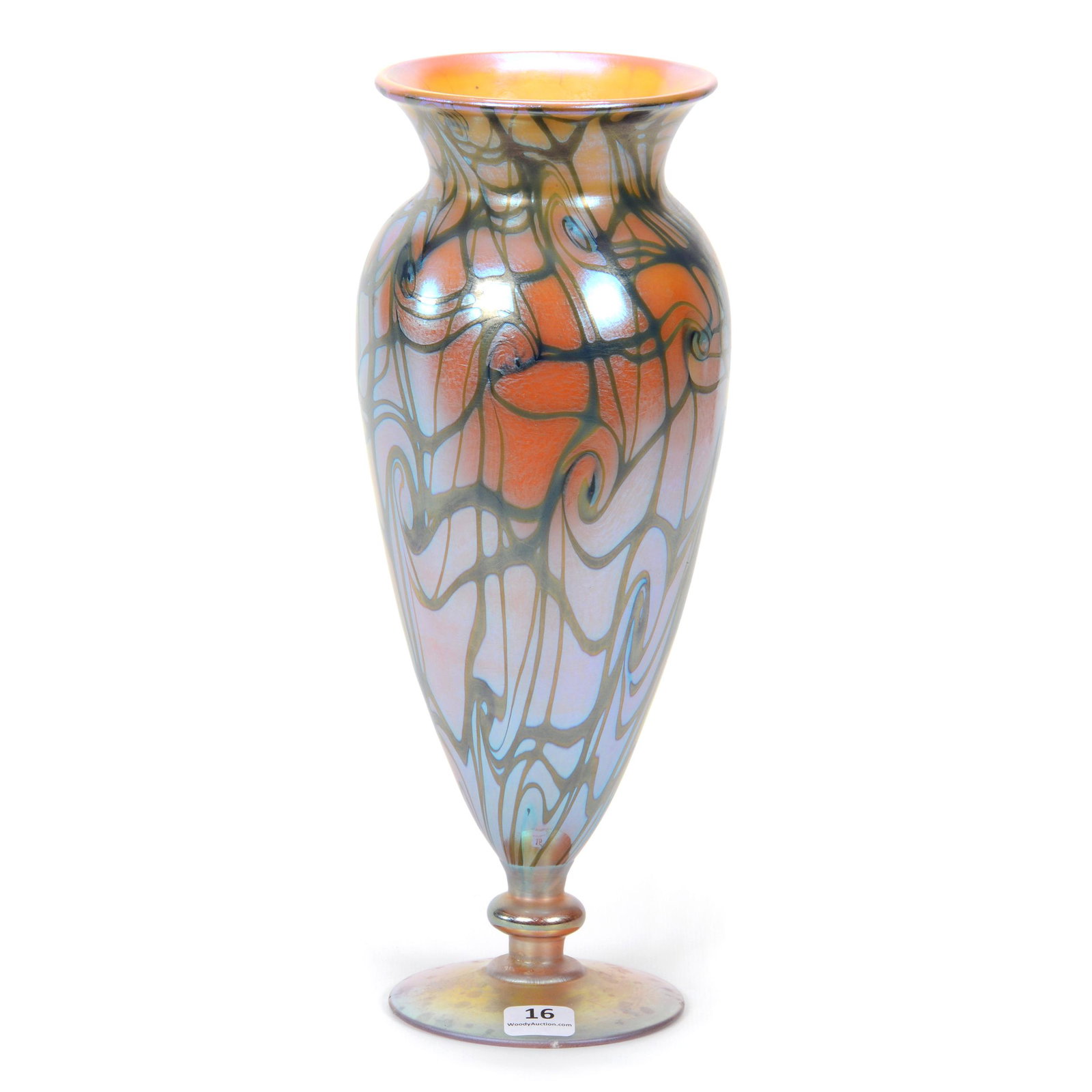 Vase, Unmarked Durand Art Glass: Vase, Unmarked Durand Art Glass, 11.75” x 4.75", Orange Iridescent Background With Green Swirl Design, Excellent Color, Pedestal Foot Is Completely Cracked In Half, John Lolley Estate. Mr. Lolley Re
