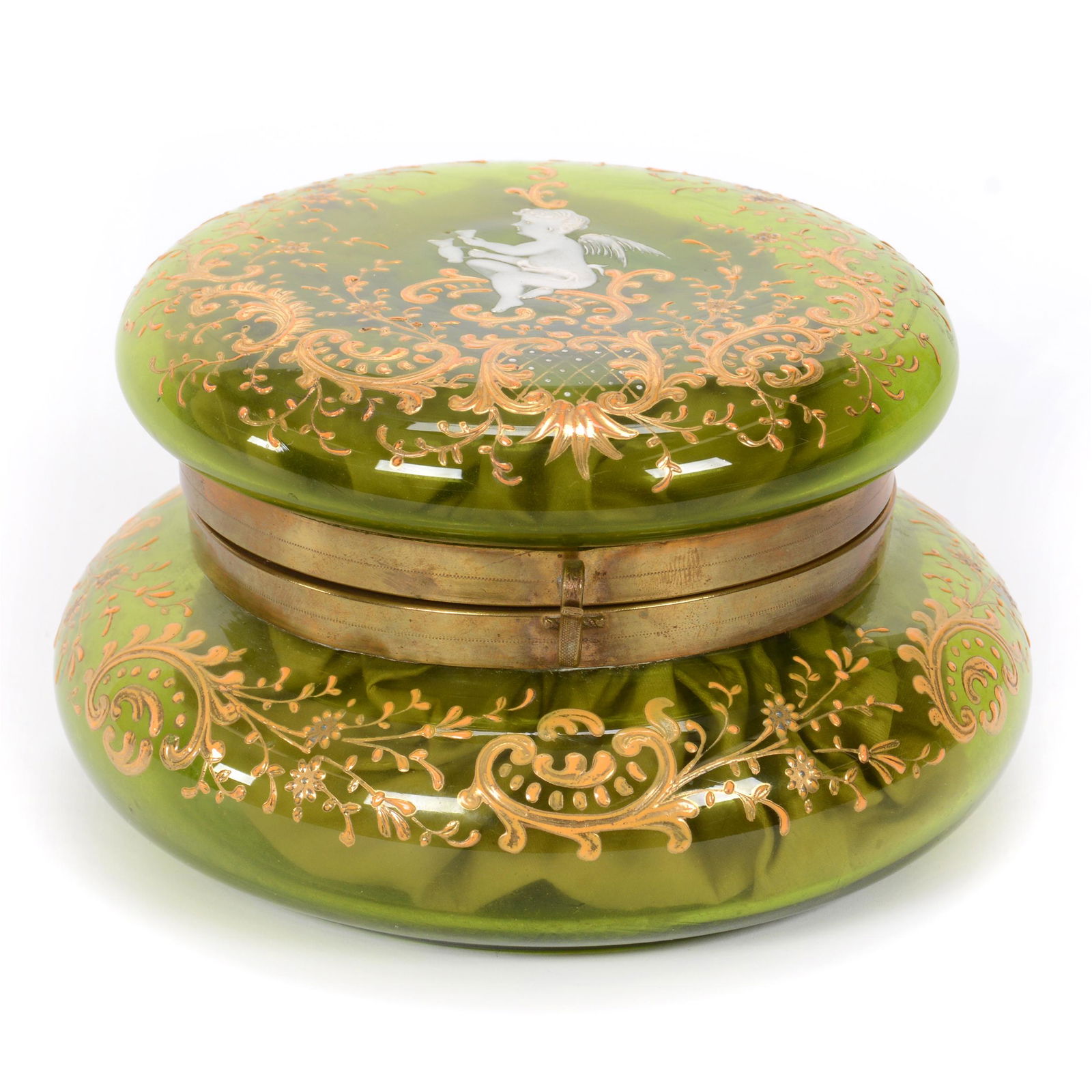 Jewel Box, Green Art Glass, Decorated (1 of 5)