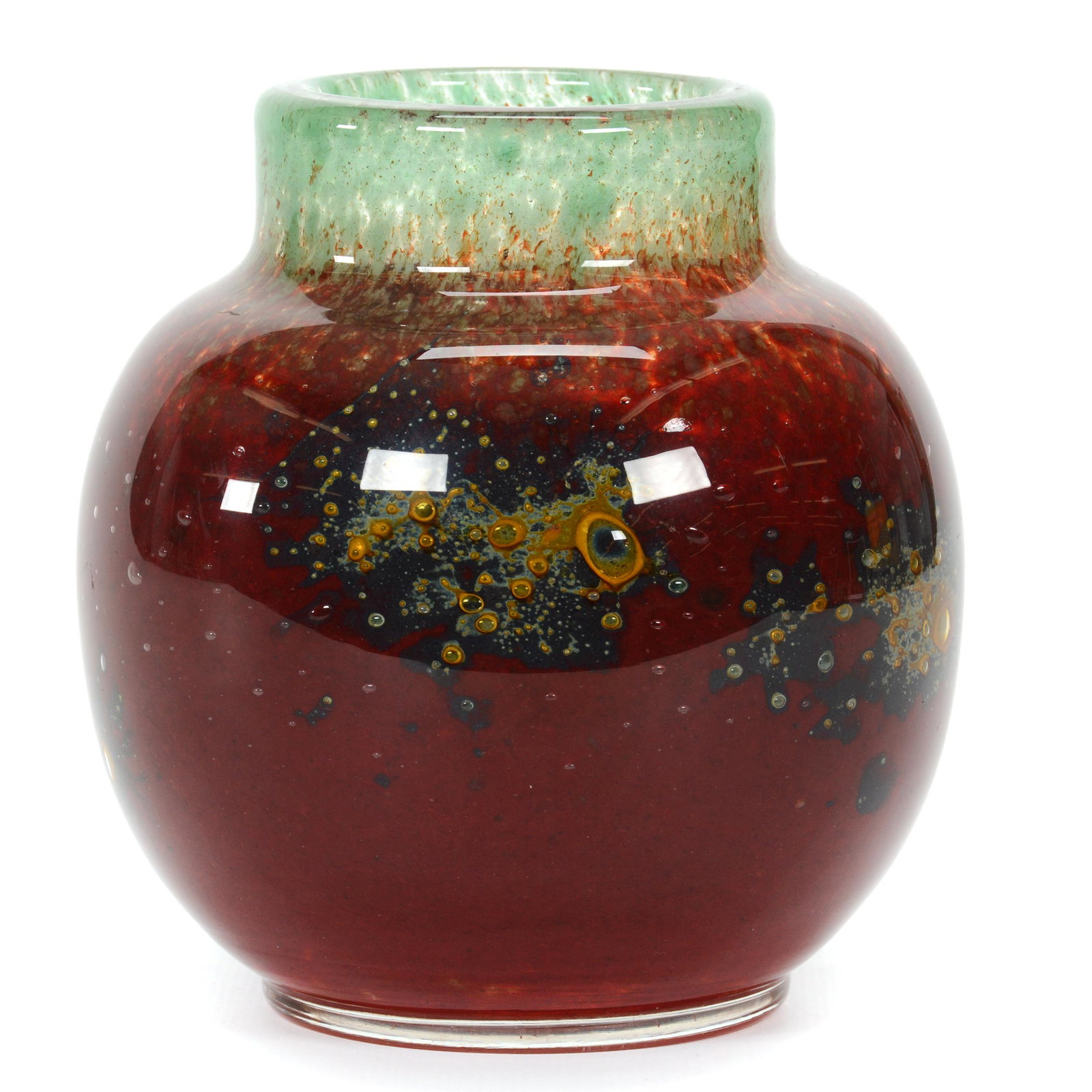 Vase, Unmarked Ysart Type Art Glass: Vase, Unmarked Ysart Type Art Glass, 5.5” x 5.25", Burgundy And Green Mottled Glass, Nice Quality, John Lolley Estate. Mr. Lolley Regularly Marked Items In His Collection With A Museum Quality Pen -