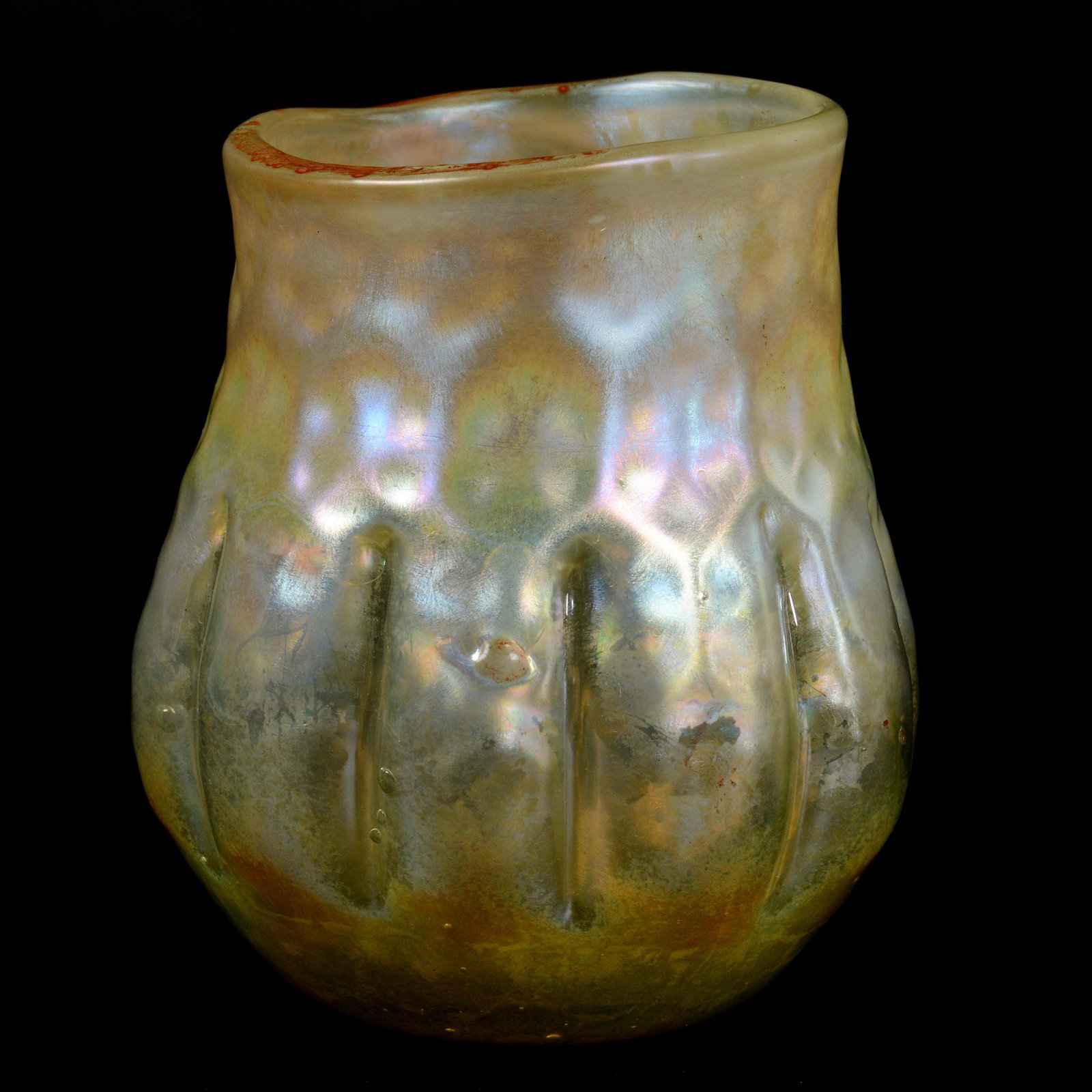 Vase, Contemporary Art Glass: Vase, Contemporary Art Glass, 6” x 5", Iridescent Gold And Green With Melon Rib Design, Polished Pontil Base, One Open Bubble On Rim, John Lolley Estate. Mr. Lolley Regularly Marked Items In His Col