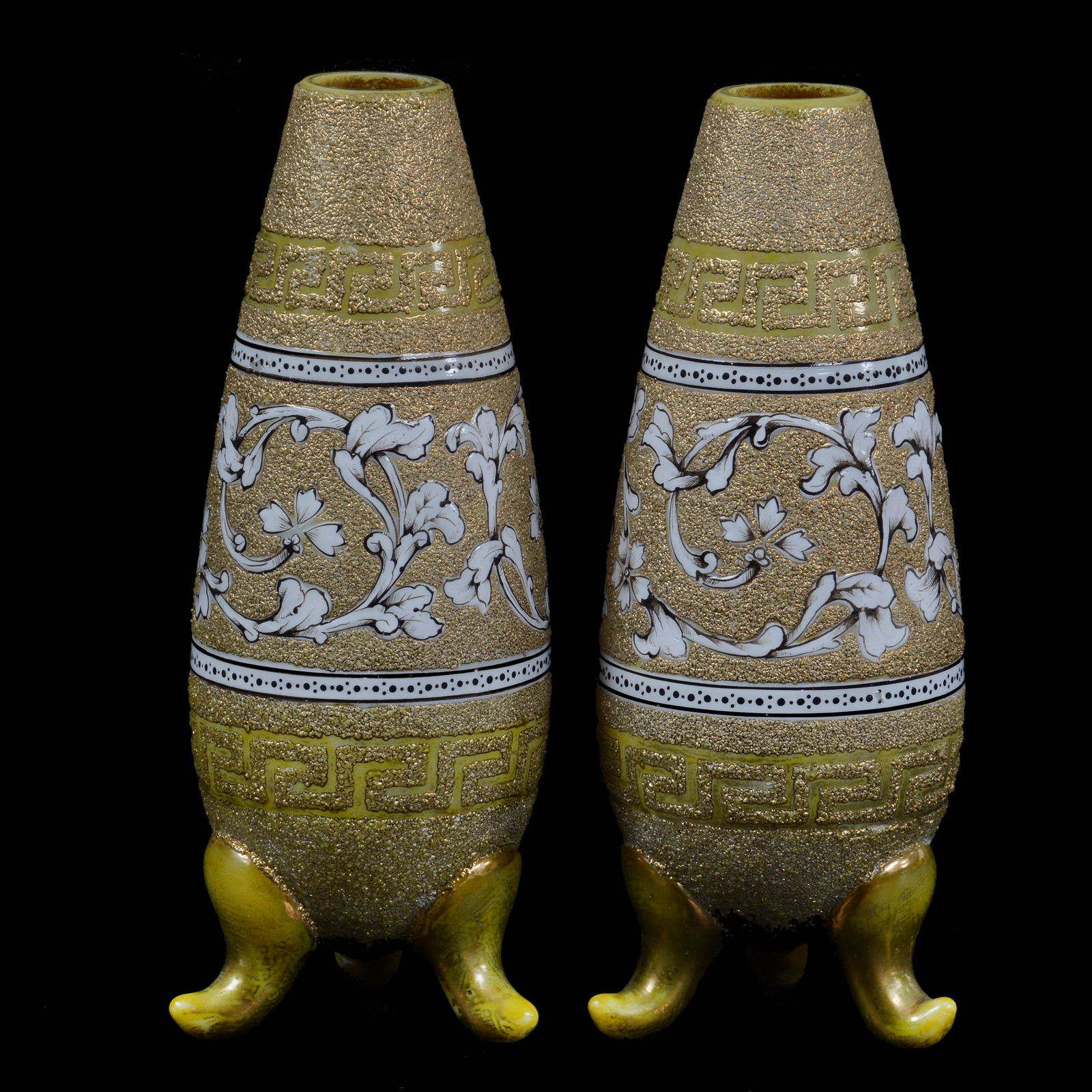 Pair Vases, Three Footed, Green Opaque Art Glass (1 of 3)