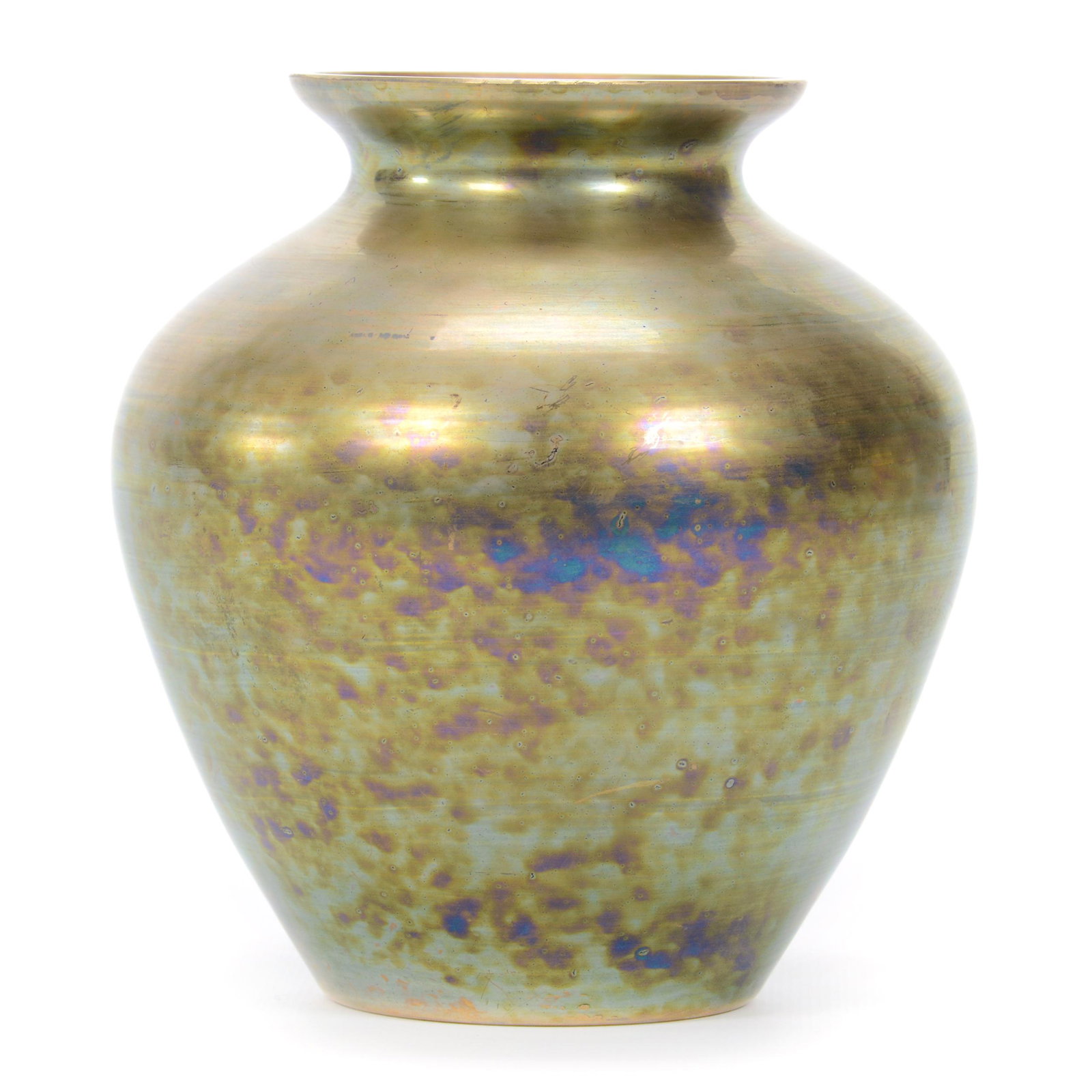 Vase, Cream Opaque Art Glass: Vase, Cream Opaque Art Glass, 6” x 5.5", Complete Green And Gold Iridescent Finish, Original "Ovington's New York" Label On Base, John Lolley Estate. Mr. Lolley Regularly Marked Items In His Collect