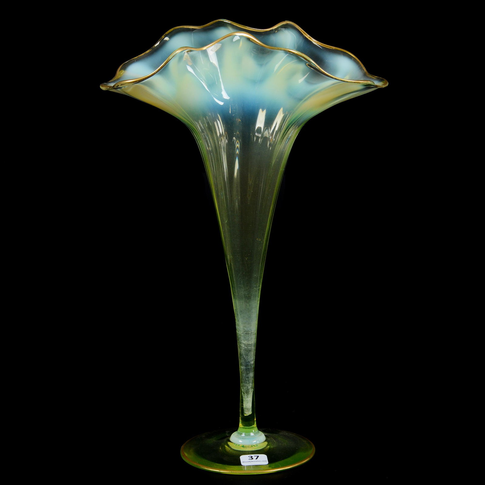 Trumpet Vase, Vaseline Opalescent Art Glass: Trumpet Vase, Vaseline Opalescent Art Glass, 14.25” x 9", John Lolley Estate. Mr. Lolley Regularly Marked Items In His Collection With A Museum Quality Pen - These Markings Can Be Easily Removed.
