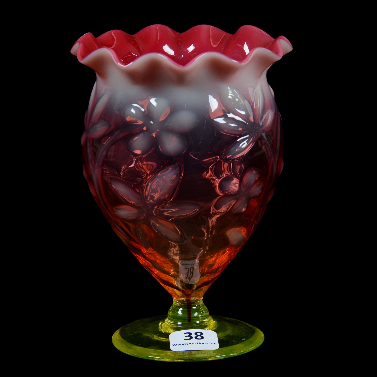 Pedestal Vase, Cranberry Opalescent: Pedestal Vase, Cranberry Opalescent, 5.5” x 4", Floral Design Body, Applied Vaseline Glass Foot, Cute Piece, John Lolley Estate. Mr. Lolley Regularly Marked Items In His Collection With A Museum Qua