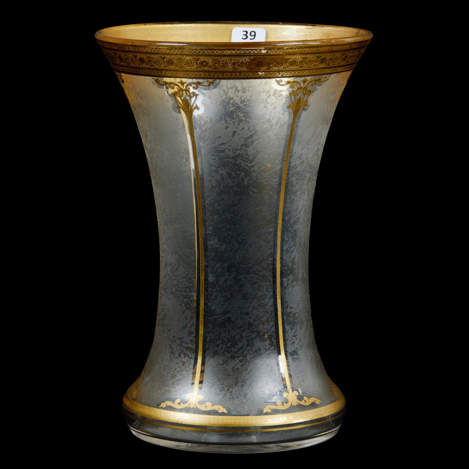 Vase, Unmarked, Clear & Frosted French Art Glass: Vase, Unmarked, Clear & Frosted French Art Glass, 10” x 6.75", Acid Cut Panels, Gold Stencil Engraved Highlights, Polished Pontil Base, Attributed To Baccarat, John Lolley Estate. Mr. Lolley Regular