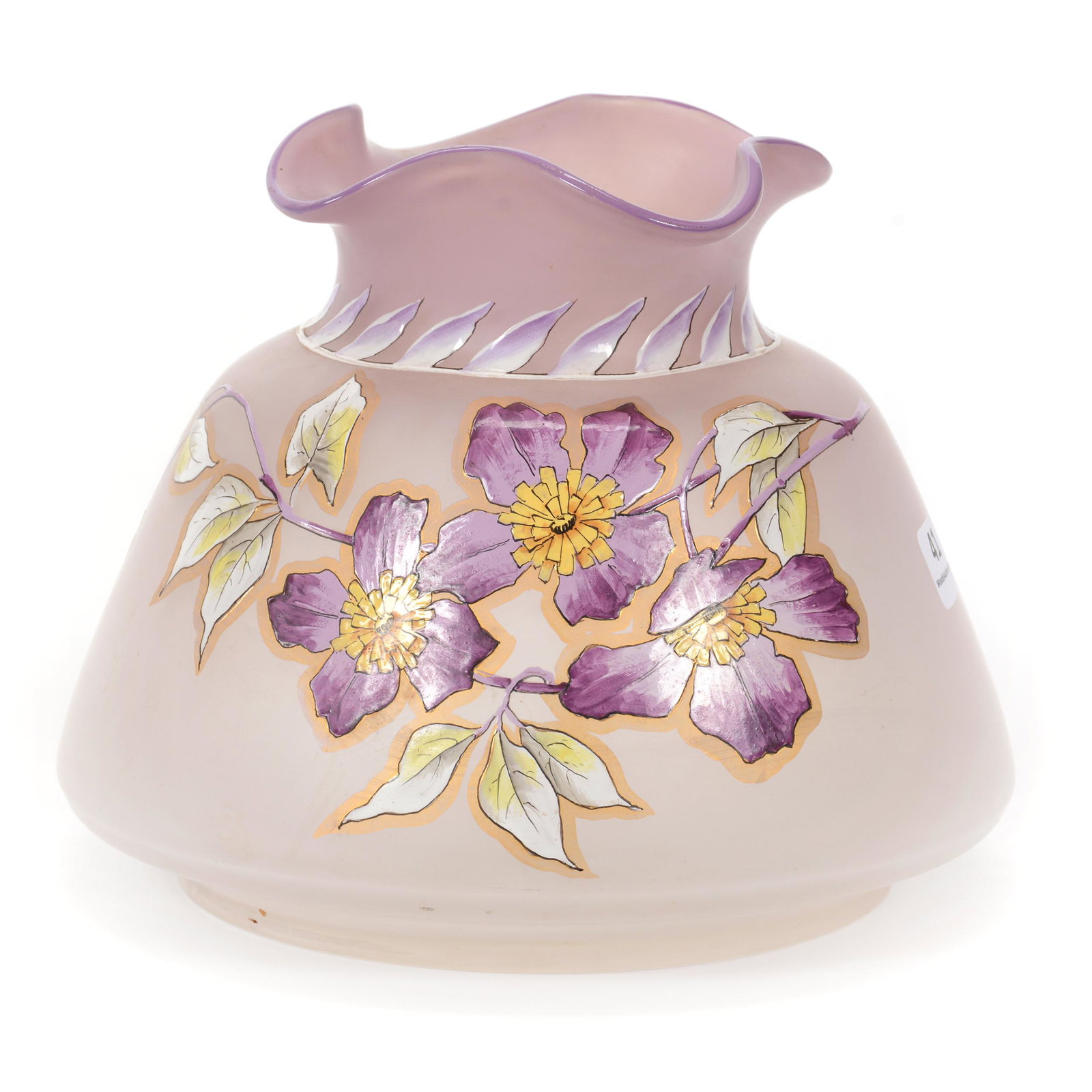 Vase, Lavender Shading To Frosted Art Glass: Vase, Lavender Shading To Frosted Art Glass, 6.25” x 8", Heavy Enamel Floral Decor, Polished Pontil Base, John Lolley Estate. Mr. Lolley Regularly Marked Items In His Collection With A Museum Qualit
