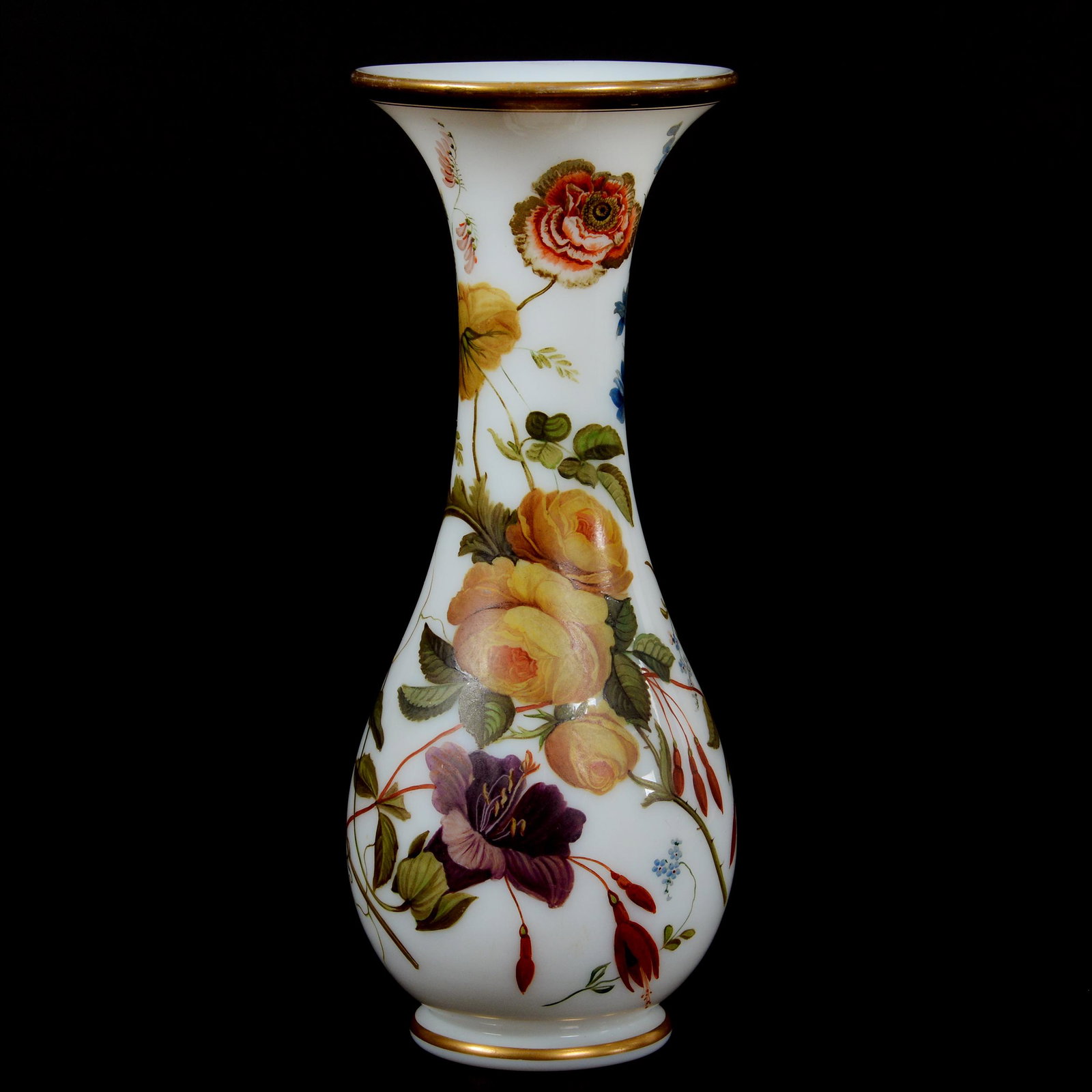 Vase, Unmarked Baccarat Art Glass: Vase, Unmarked Baccarat Art Glass, 11.75” x 4.75", White Opaque With Extensive Enamel Floral Decor, Polished Pontil Base, John Lolley Estate. Mr. Lolley Regularly Marked Items In His Collection With