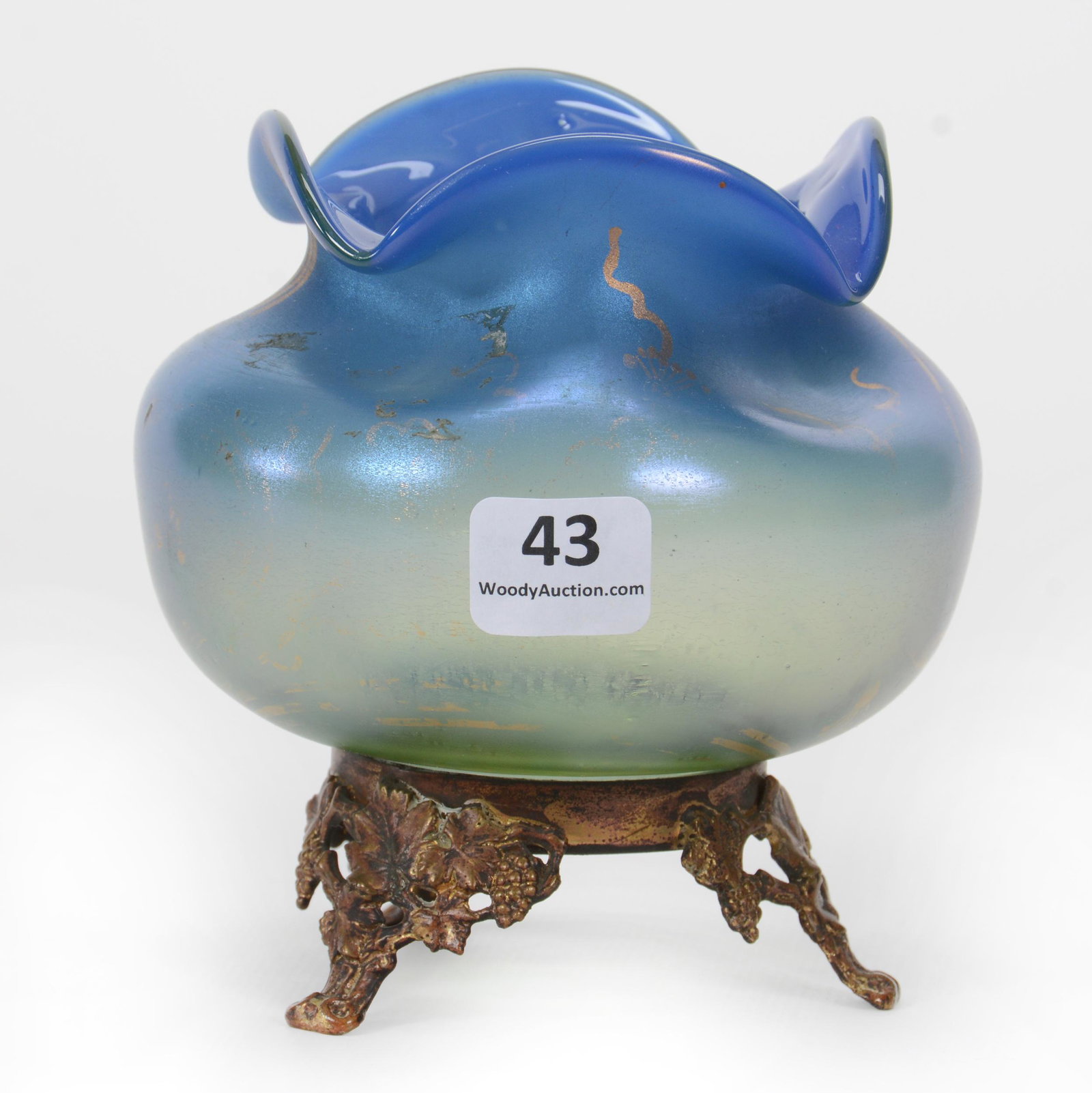 Vase, Luna Pattern By Loetz: Vase, Luna Pattern By Loetz, 4.5” x 4.25", Attached Gilt Metal Feet, Circa 1900, John Lolley Estate. Mr. Lolley Regularly Marked Items In His Collection With A Museum Quality Pen - These Markings Ca