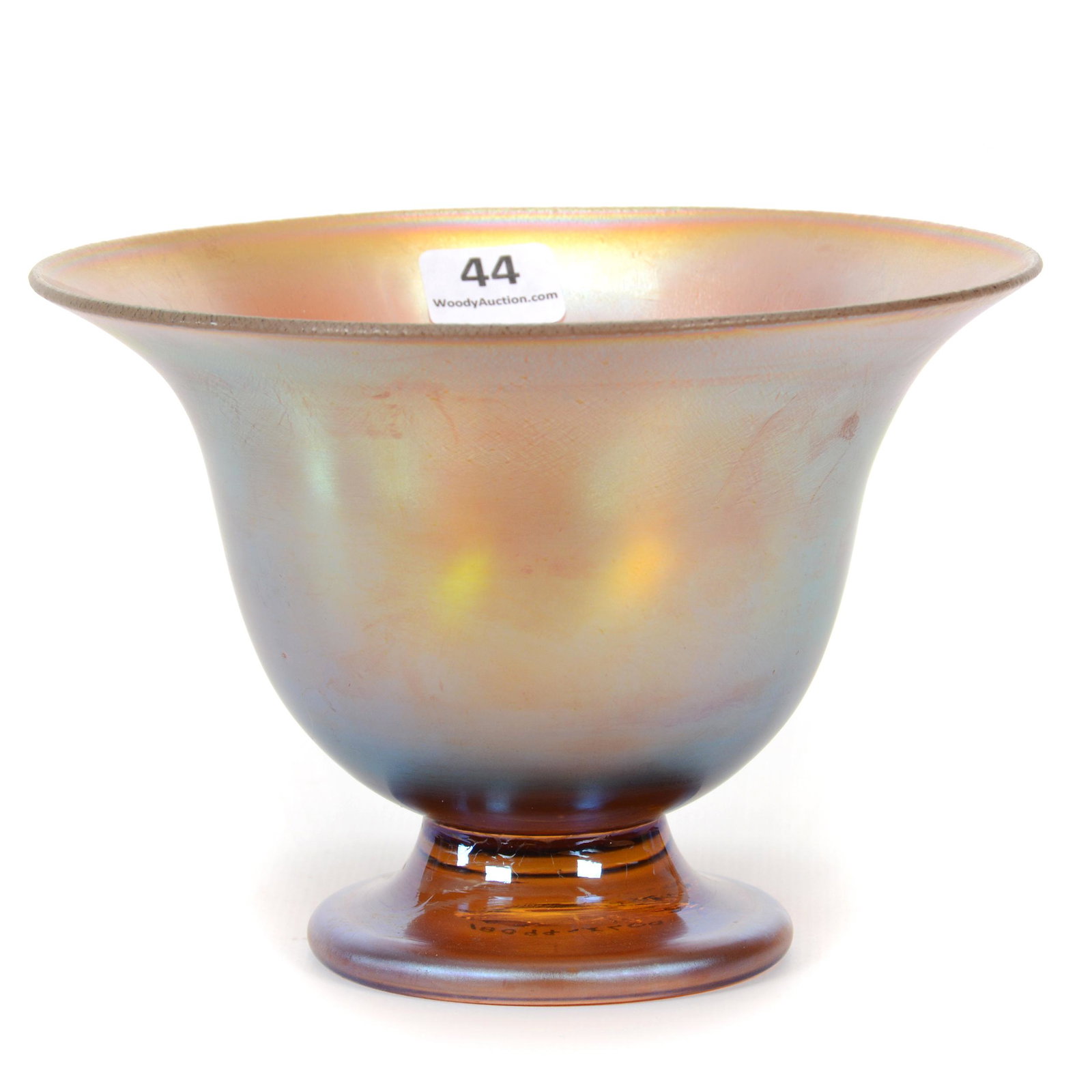 Pedestal Bowl, Unmarked WMF Myra Art Glass: Pedestal Bowl, Unmarked WMF Myra Art Glass, 4.25” x 6", Gold Iridescent, Circa 1930, John Lolley Estate. Mr. Lolley Regularly Marked Items In His Collection With A Museum Quality Pen - These Marking