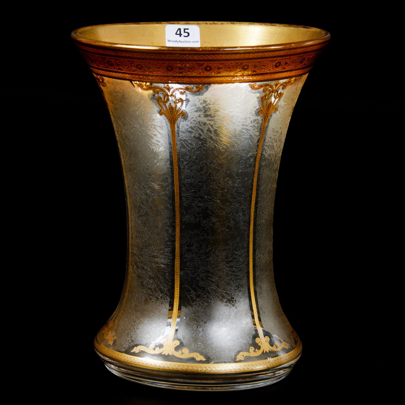Vase, Unmarked, Clear & Frosted French Art Glass: Vase, Unmarked, Clear & Frosted French Art Glass, 8.25” x 6", Acid Cut Panels, Gold Stencil Engraved Highlights, Polished Pontil Base, Attributed To Baccarat, John Lolley Estate. Mr. Lolley Regularl