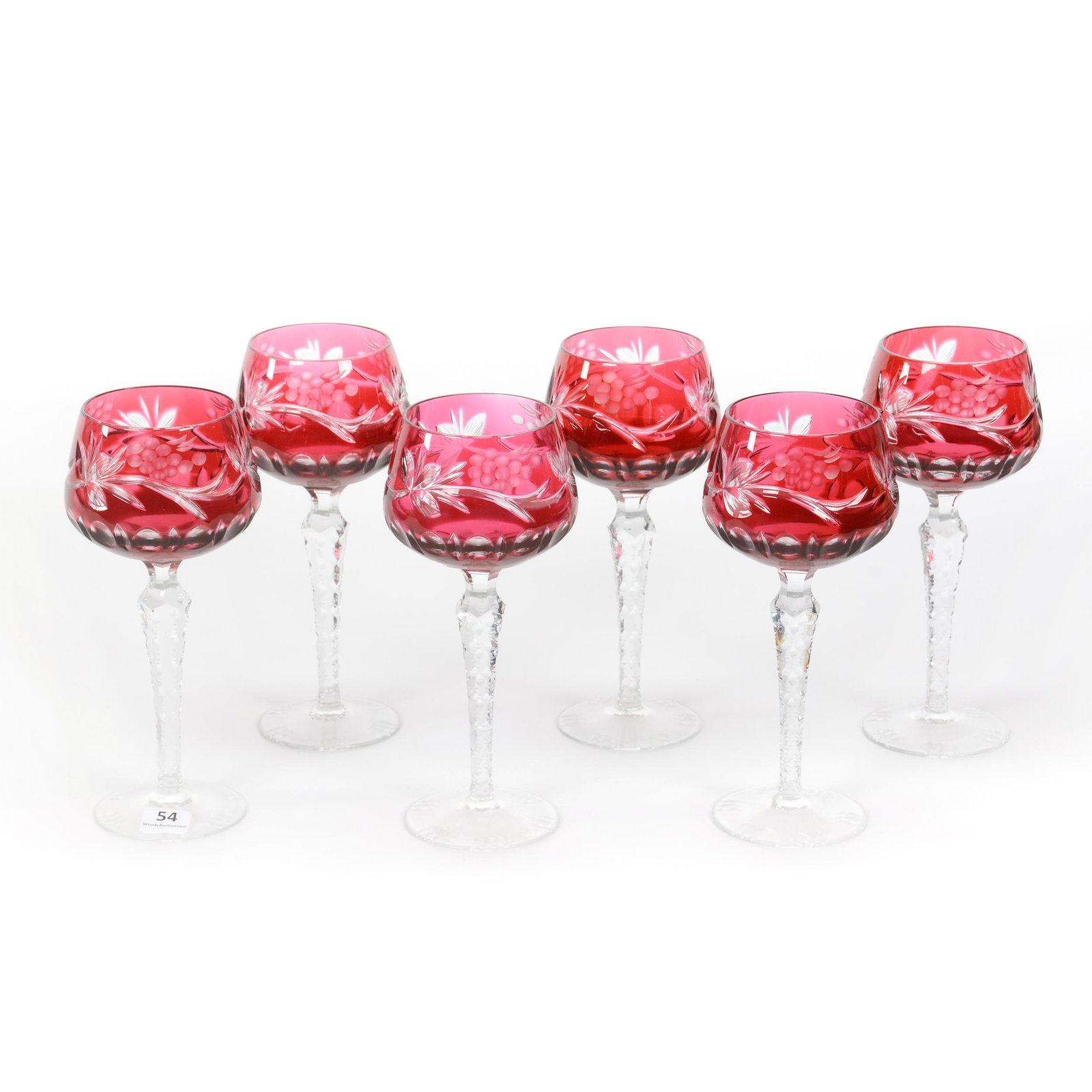 (6) Wine Stems, Ruby Engraved To Clear: (6) Wine Stems, Ruby Engraved To Clear, 7.75", Vintage Motif, Solid Notched Stem, European Origin, Circa 1970-1980's, John Lolley Estate. Mr. Lolley Regularly Marked Items In His Collection With A Mus