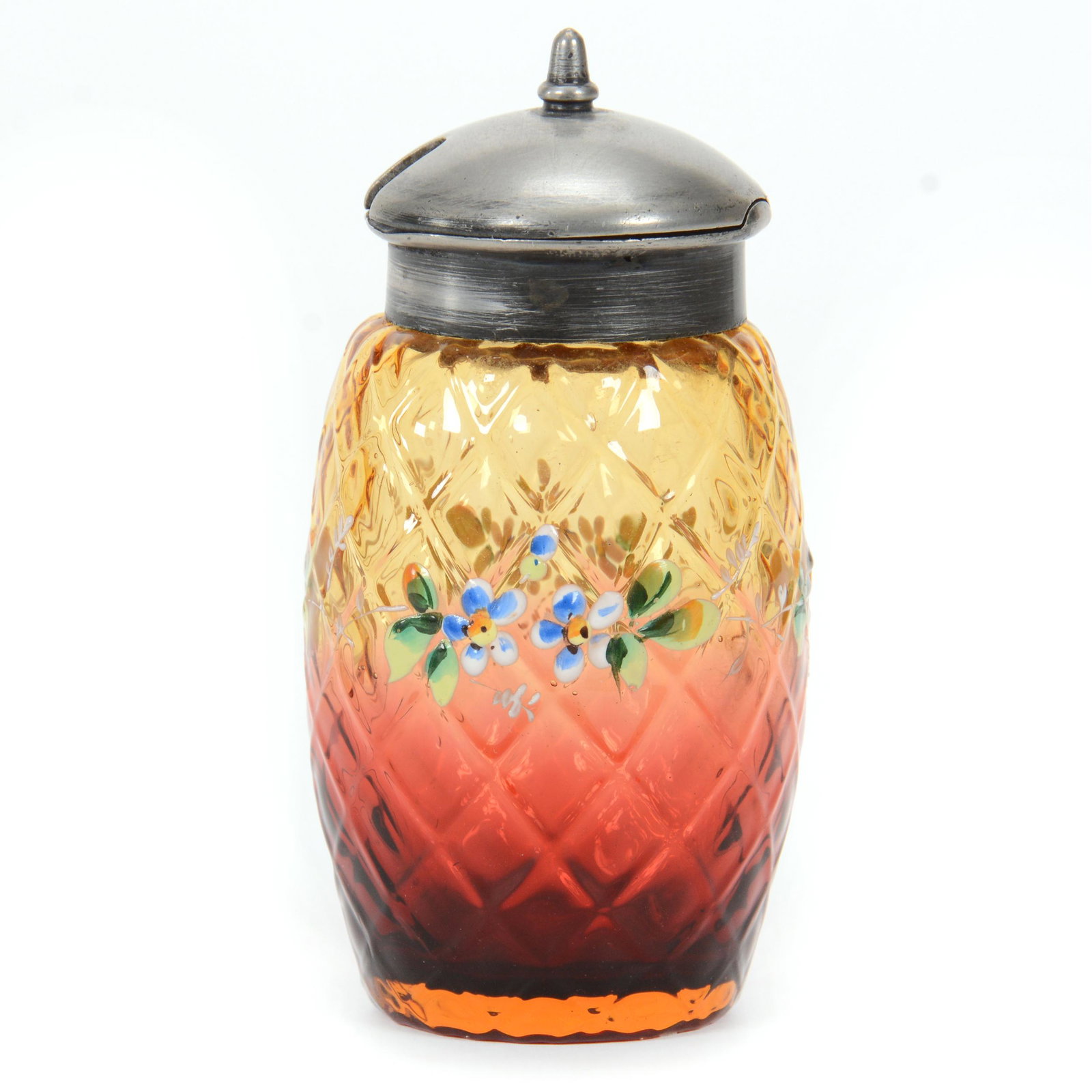Mustard Jar, Amberina Cut Velvet Diamond Quilted: Mustard Jar, Amberina Cut Velvet Diamond Quilted, 3.75” x 1.75", Enamel Floral Decor, Silverplate Top, John Lolley Estate. Mr. Lolley Regularly Marked Items In His Collection With A Museum Quality P