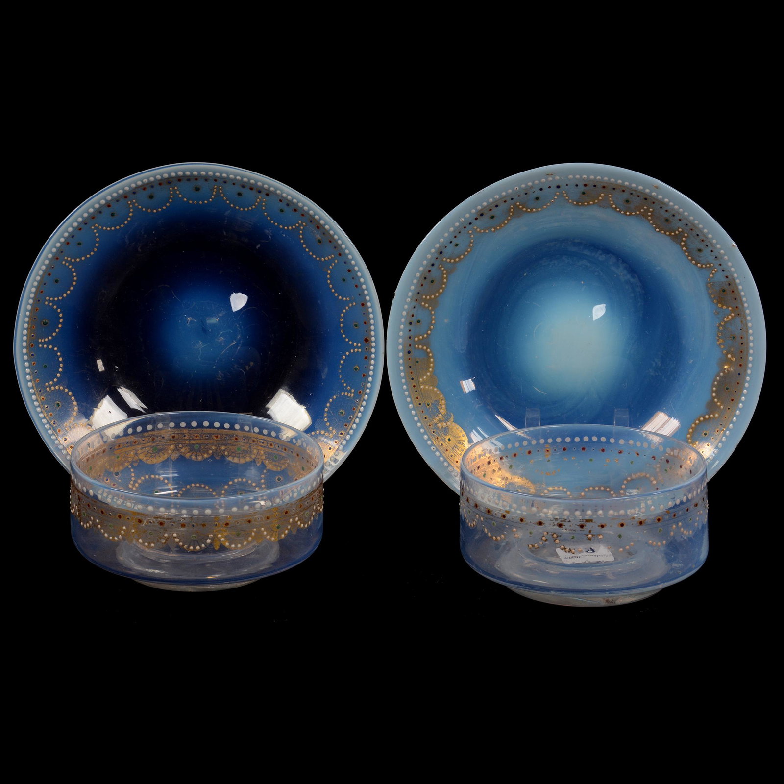Pair Finger Bowls/Underplates, Art Glass: Pair Finger Bowls/Underplates, Art Glass, 2.25” x 6.25", Clear Opalescent With Gold Stencil And Enamel Colored Beaded Highlights, Chip On Rim Of One Underplate, John Lolley Estate. Mr. Lolley Regula