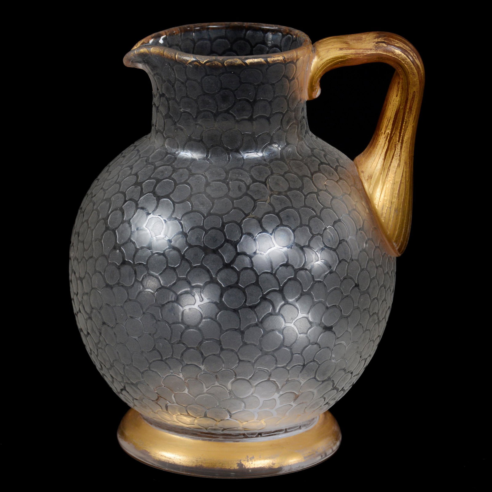 Pitcher, Clear Art Glass, Acid Cut Scallop Design: Pitcher, Clear Art Glass, Acid Cut Scallop Design, 3.5” x 2.75", Gold Trim Handle And Foot, Registry Mark On Base, John Lolley Estate. Mr. Lolley Regularly Marked Items In His Collection With A Muse