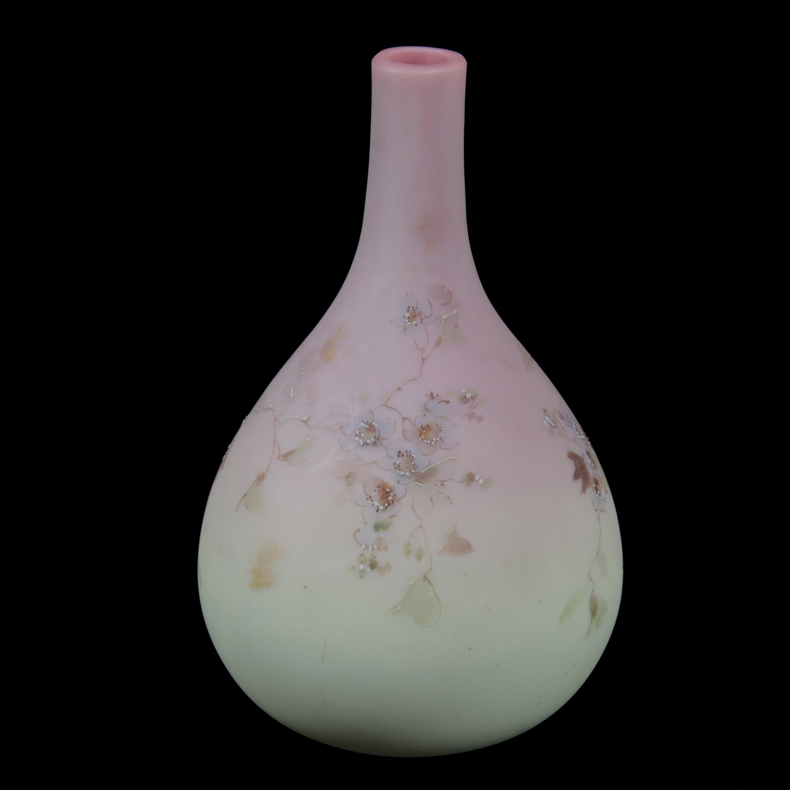 Vase, Burmese Art Glass, Decorated: Vase, Burmese Art Glass, Decorated, 6.75” x 4.25", Floral Decor, John Lolley Estate. Mr. Lolley Regularly Marked Items In His Collection With A Museum Quality Pen - These Markings Can Be Easily Remo