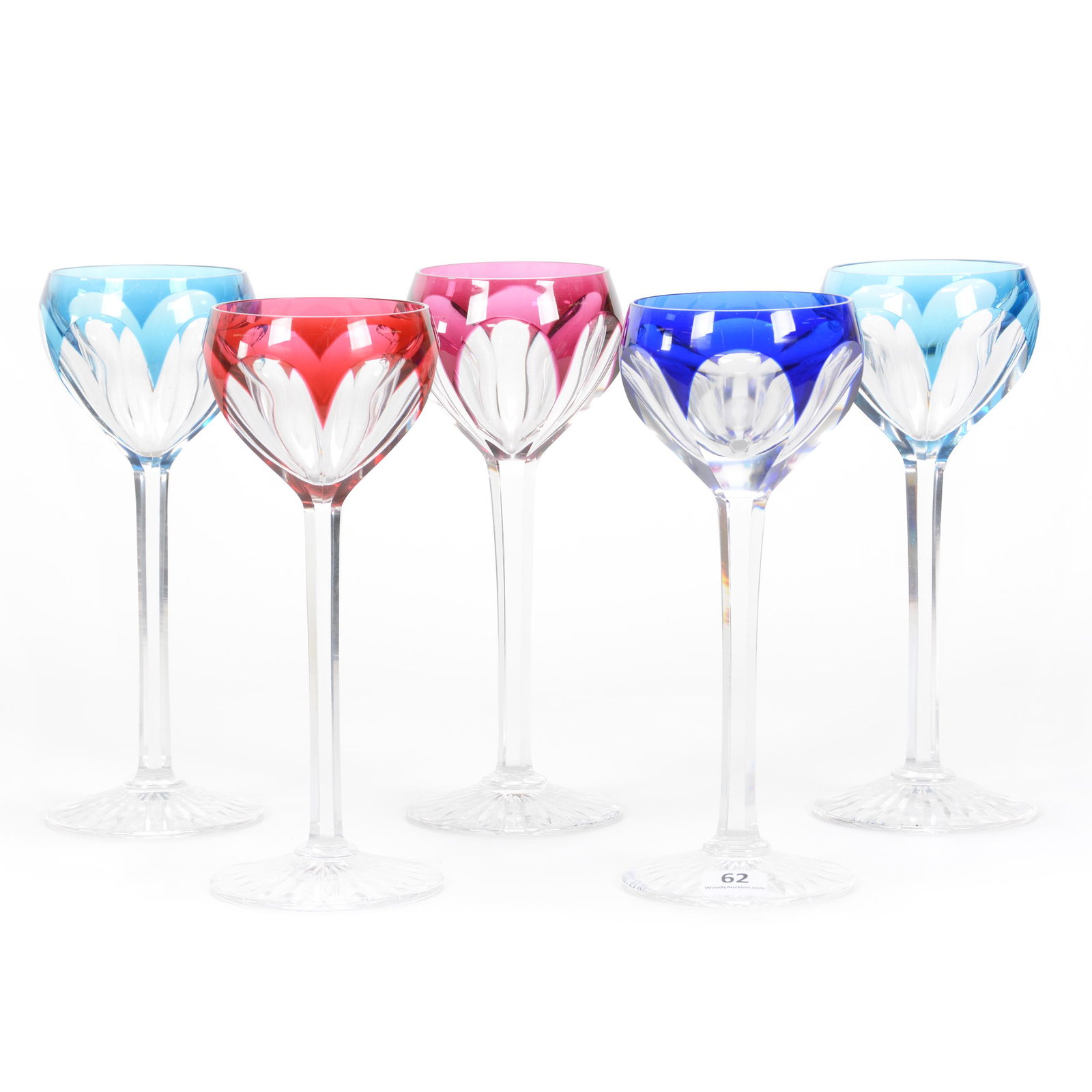 (5) Wine Stems Signed St. Louis: (5) Wine Stems Signed St. Louis, 8” x 3.25", Flute Pattern, Solid Stem, Ray Cut Foot, (1) Cranberry To Clear, (1) Cobalt To Clear, (1) Amethyst To Clear, (2) French Blue To Clear, John Lolley Estate
