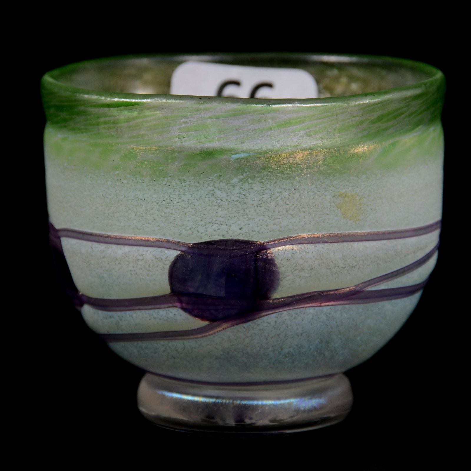Small Bowl Signed Kosta Boda Art Glass: Small Bowl Signed Kosta Boda Art Glass, 2” x 2.25", Green And White With Amethyst Swirled Design, John Lolley Estate. Mr. Lolley Regularly Marked Items In His Collection With A Museum Quality Pen -