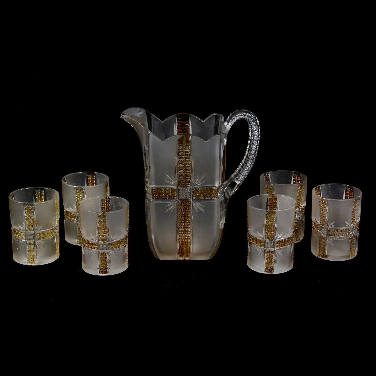 Water Set, Frosted And Amber Klondike Pattern Glass (1 of 4)