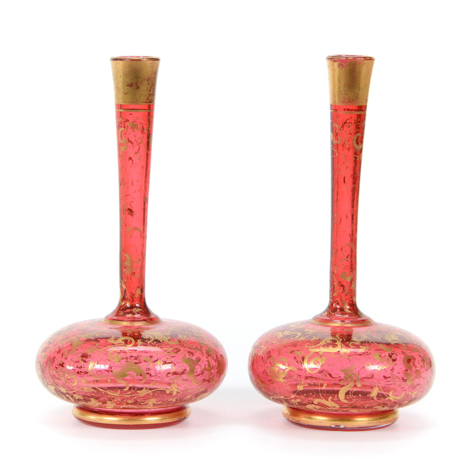 Pair Vases, Cranberry Art Glass, Decorated (1 of 3)