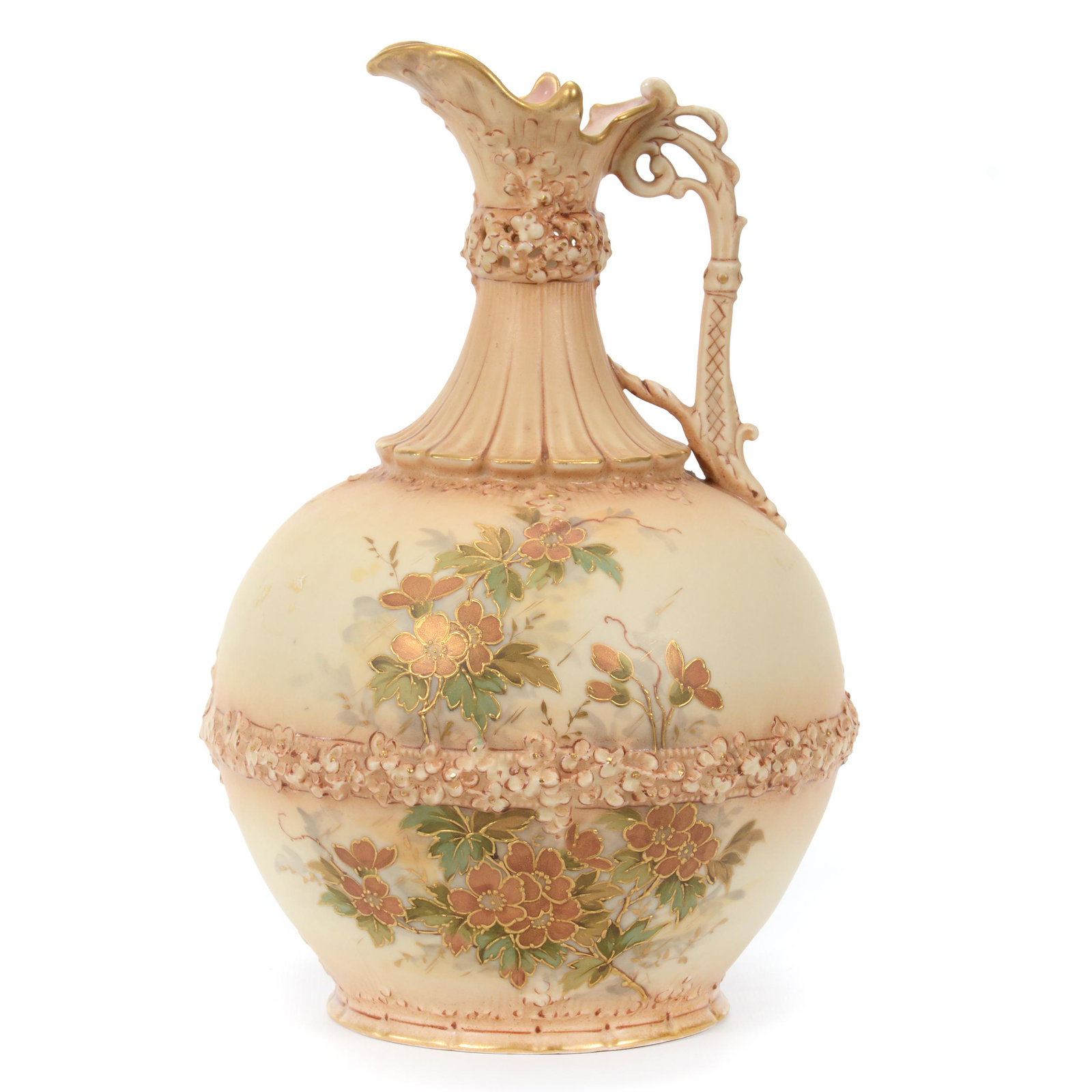 Ewer Signed Ernst Wahliss Teplitz: Ewer Signed Ernst Wahliss Teplitz, 10.5” x 7", Cream Tones With Floral Decor, Reticulated Neck, Small Point Chip Near Where Handle Attaches To Body, Nice Quality, John Lolley Estate. Mr. Lolley Regu