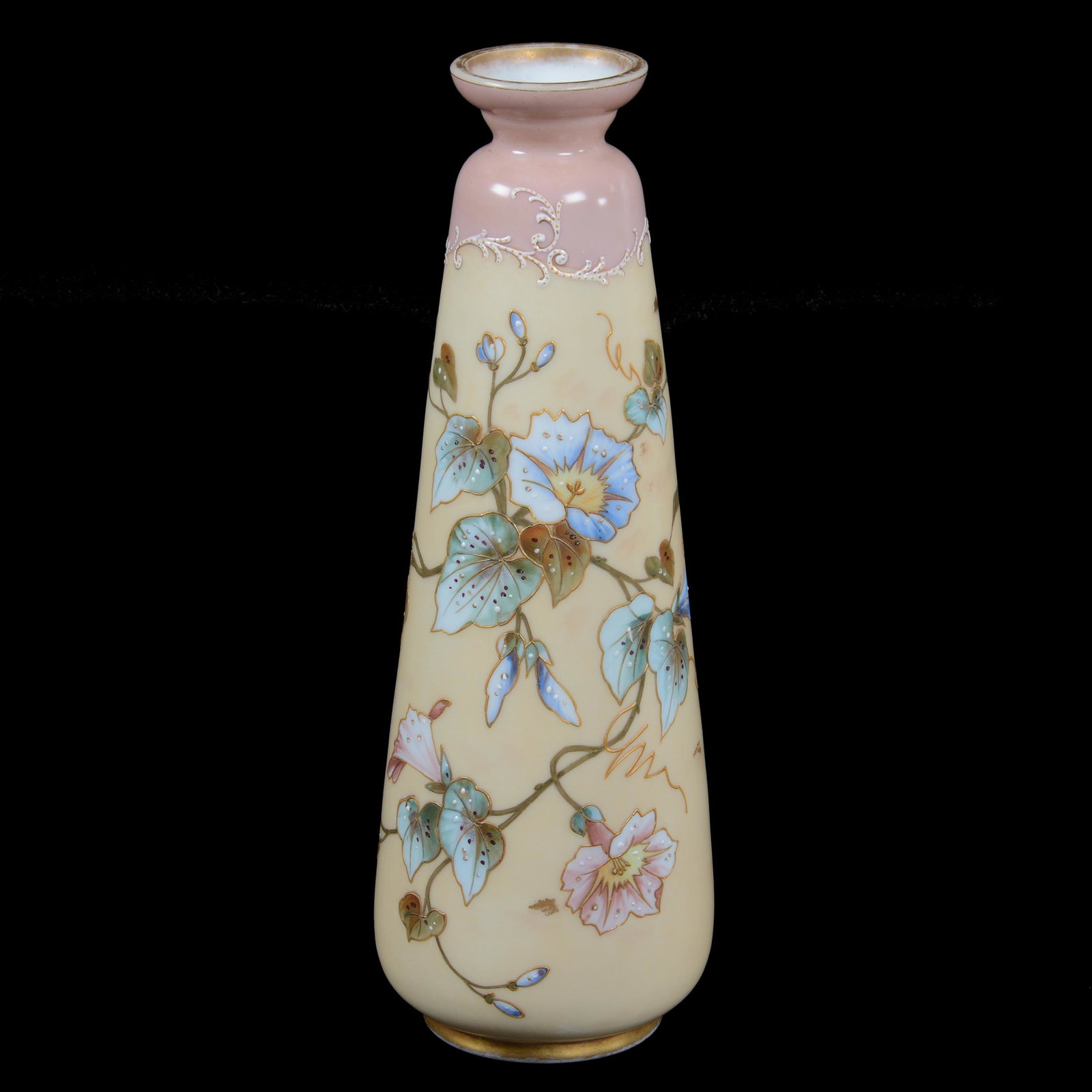 Vase, White Opaline Art Glass: Vase, White Opaline Art Glass, 13.75” x 5", Cream And Pink Background, Colorful Morning Glory Decor, John Lolley Estate. Mr. Lolley Regularly Marked Items In His Collection With A Museum Quality Pen