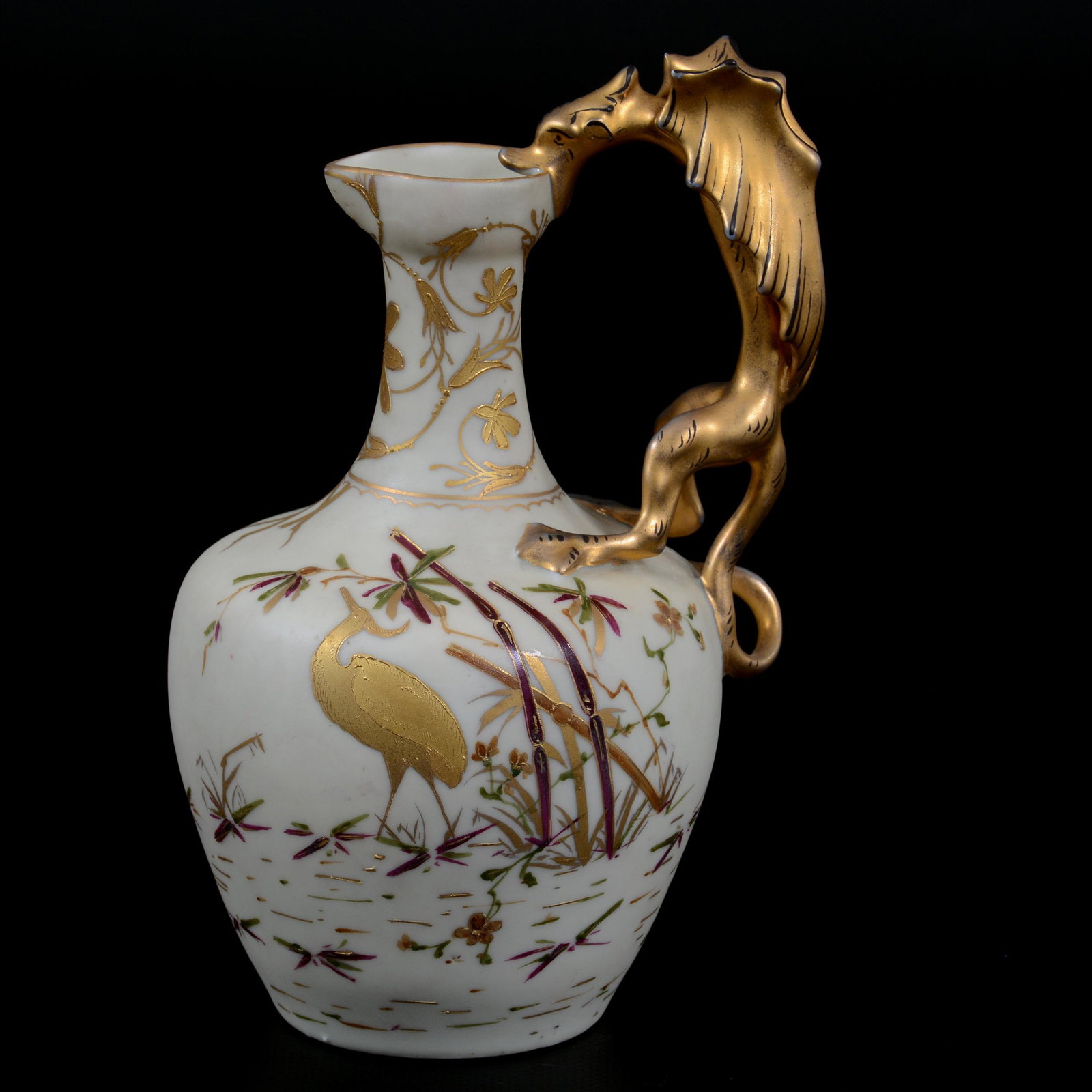 Ewer Marked Melbourne (Worcester Style): Ewer Marked Melbourne (Worcester Style), 7.5” x 4.5", Cream Background With Colorful Stork And Bamboo Scenic Decor, Full Figure Dragon Handle, Nice Condition, John Lolley Estate. Mr. Lolley Regularl