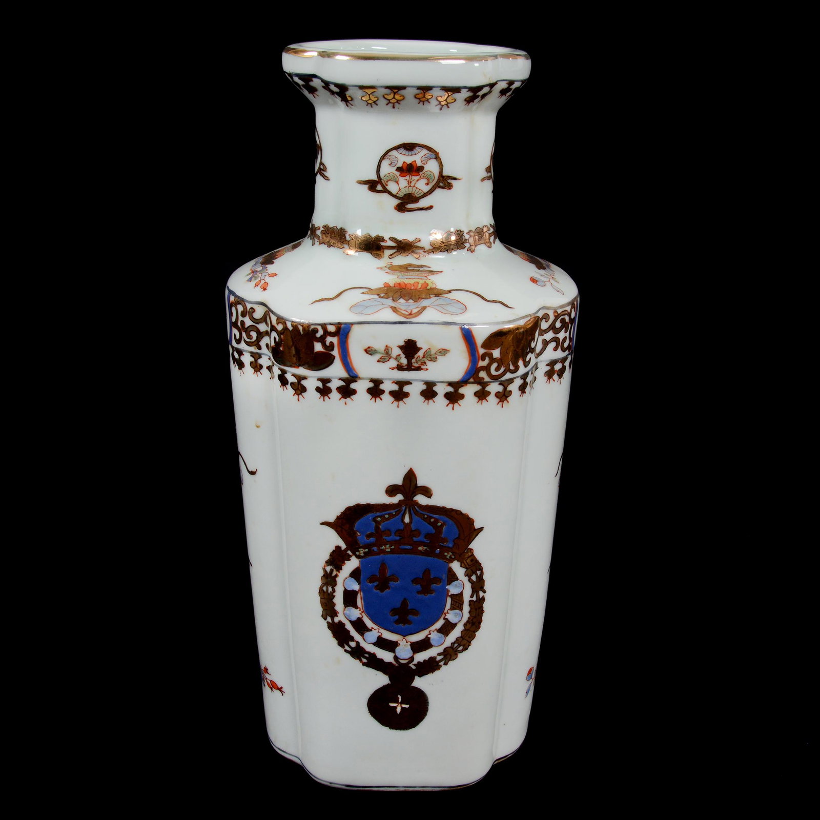 Vase, Unmarked Chinese Export Porcelain: Vase, Unmarked Chinese Export Porcelain, 12.25” x 5.5", Four-Sided, Heavy White Porcelain With Finely Detailed Enamel Crown And Medallion Design With Gold Stencil Highlights, John Lolley Estate. Mr.